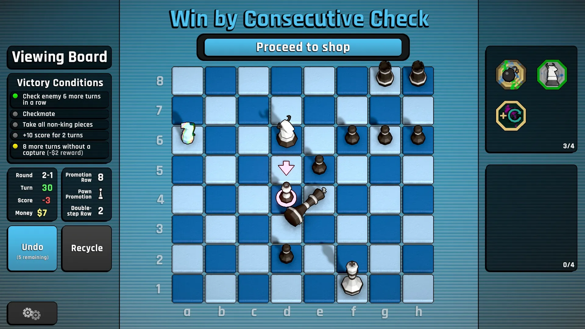 Passant: Chessboard gameplay with victory conditions and inventory items shown on the interface