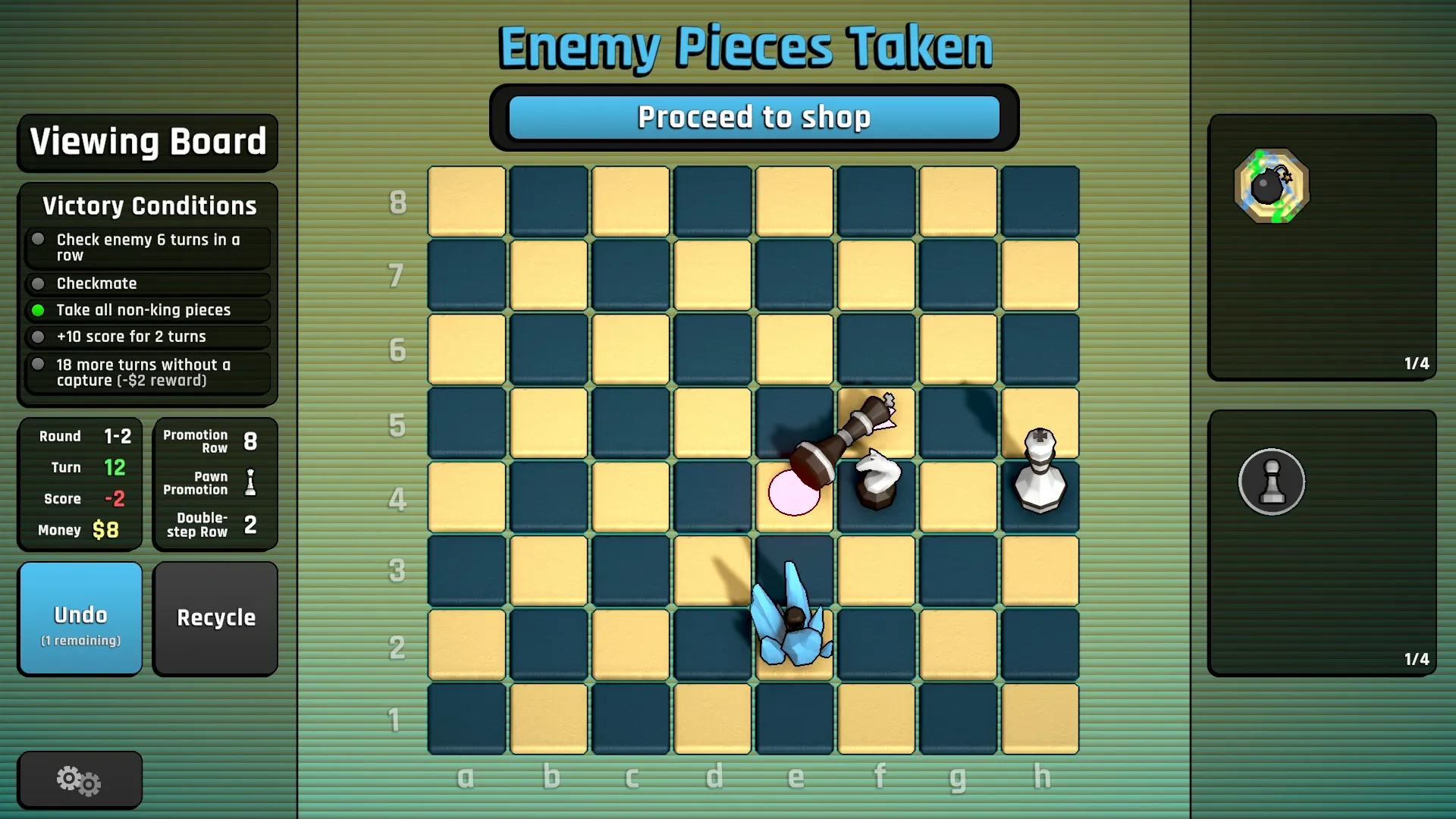 Passant: Chessboard battle with pieces, victory conditions, and shop access in a strategic setting.