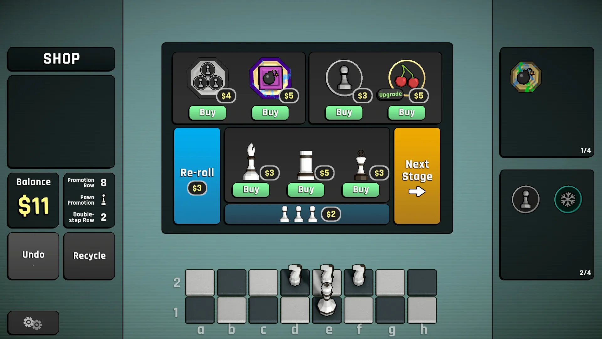 Passant: Shop interface with buy options, balance, and chessboard layout at bottom for strategy planning.