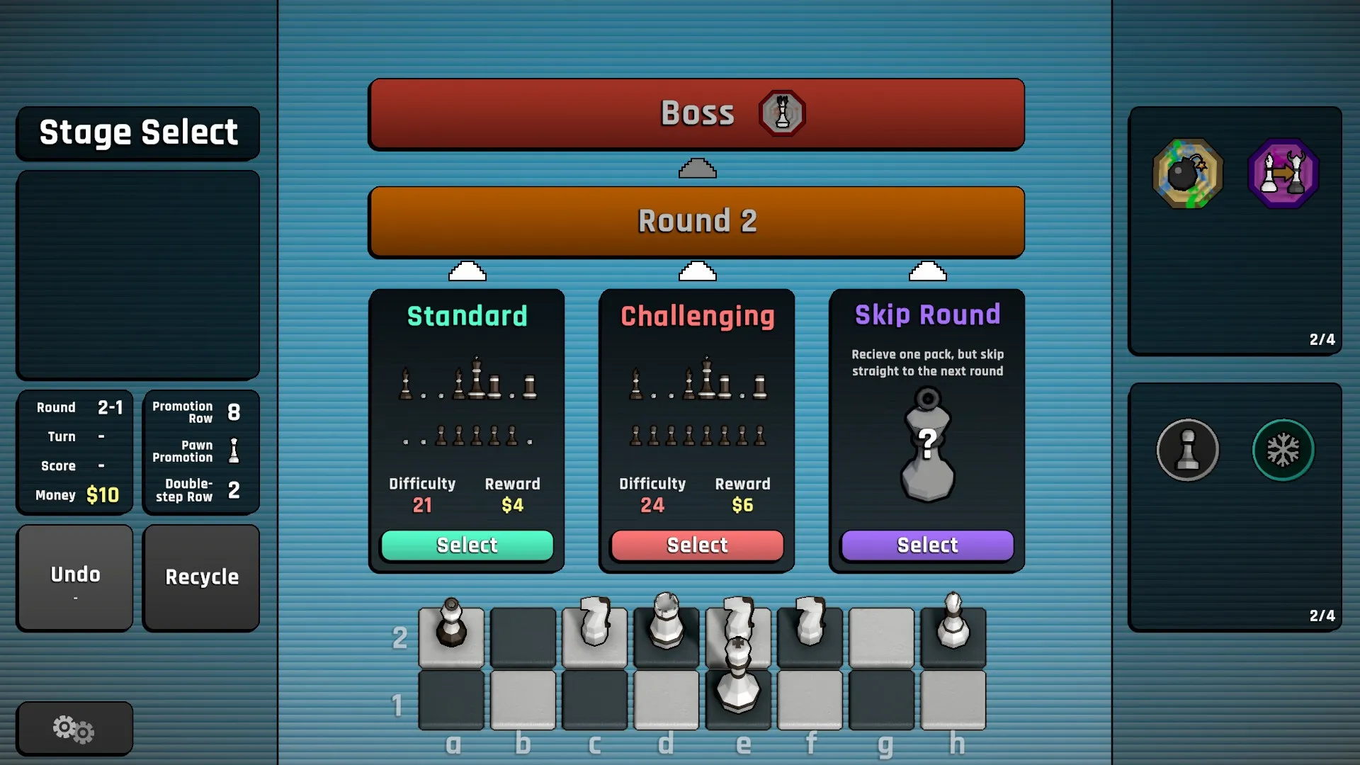 Passant: Stage select screen displaying Standard, Challenging, and Skip Round options with chess pieces.
