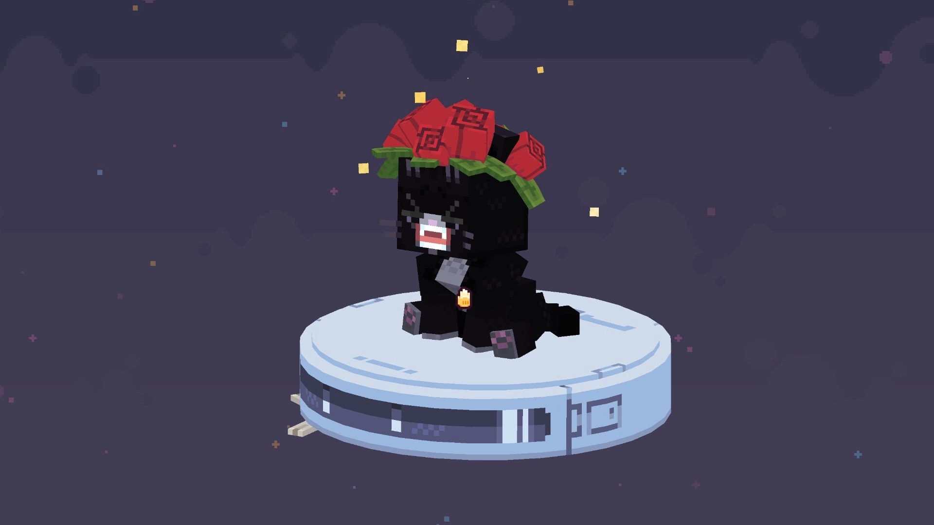 Pat the Cat: Black cat wearing red rose hat sits on robotic vacuum in a starry background environment