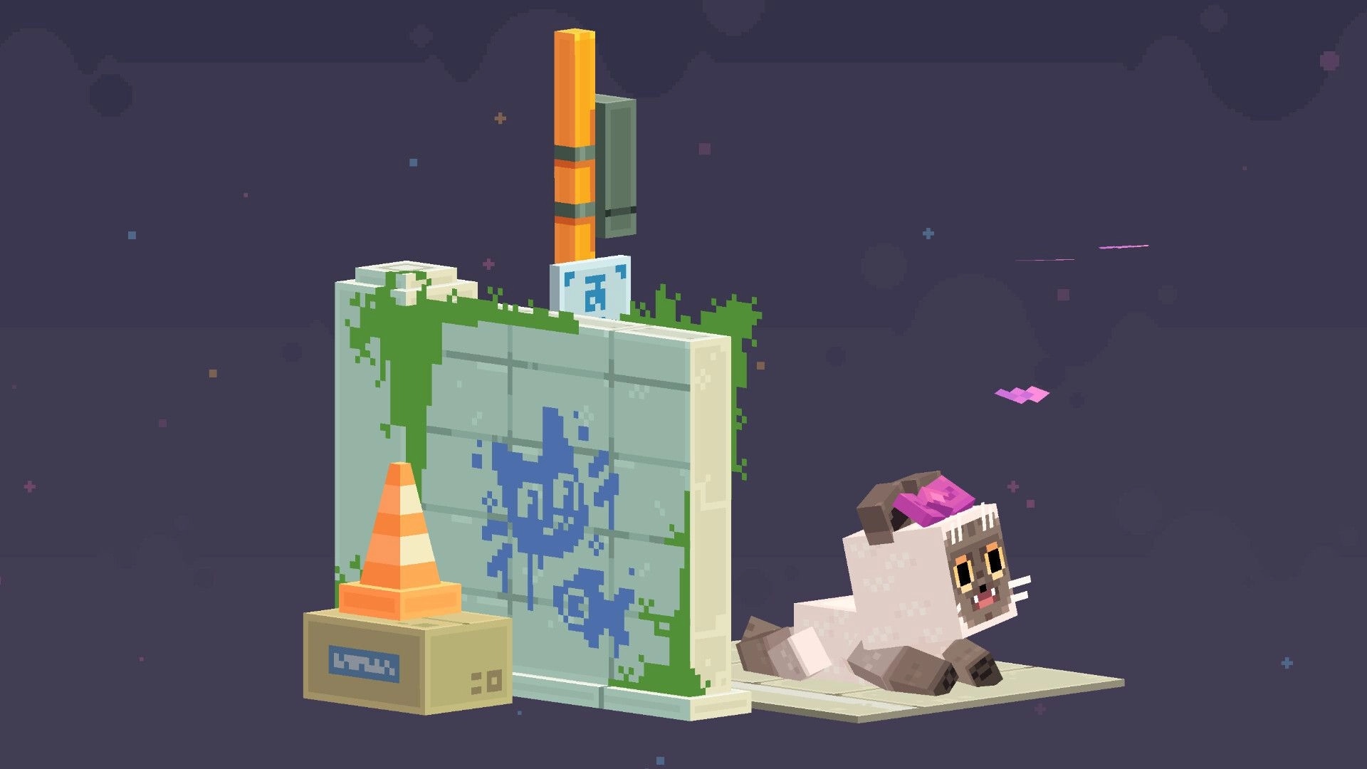 Pat the Cat: Cat with pink hat lounging by graffiti-covered wall and orange cone in space environment