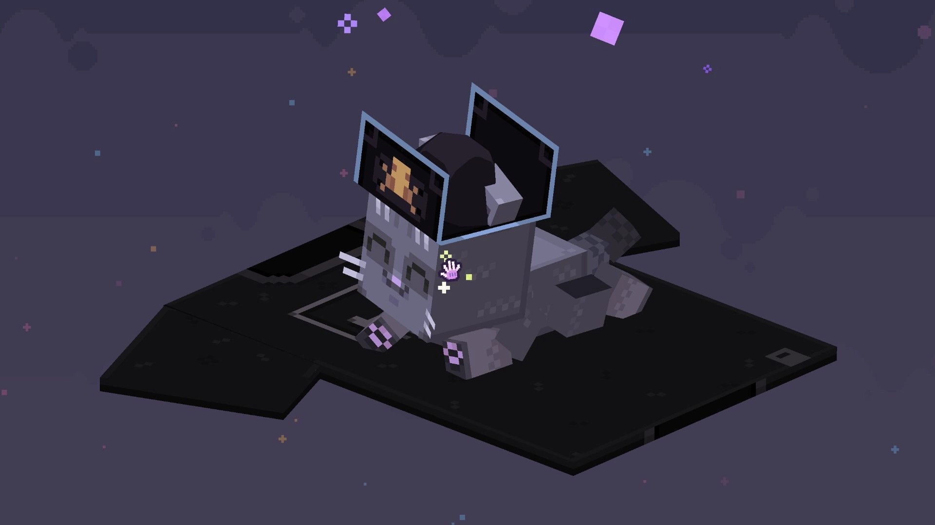 Pat the Cat: Gray pixelated cat with a helmet on a dark platform, surrounded by floating pixels.