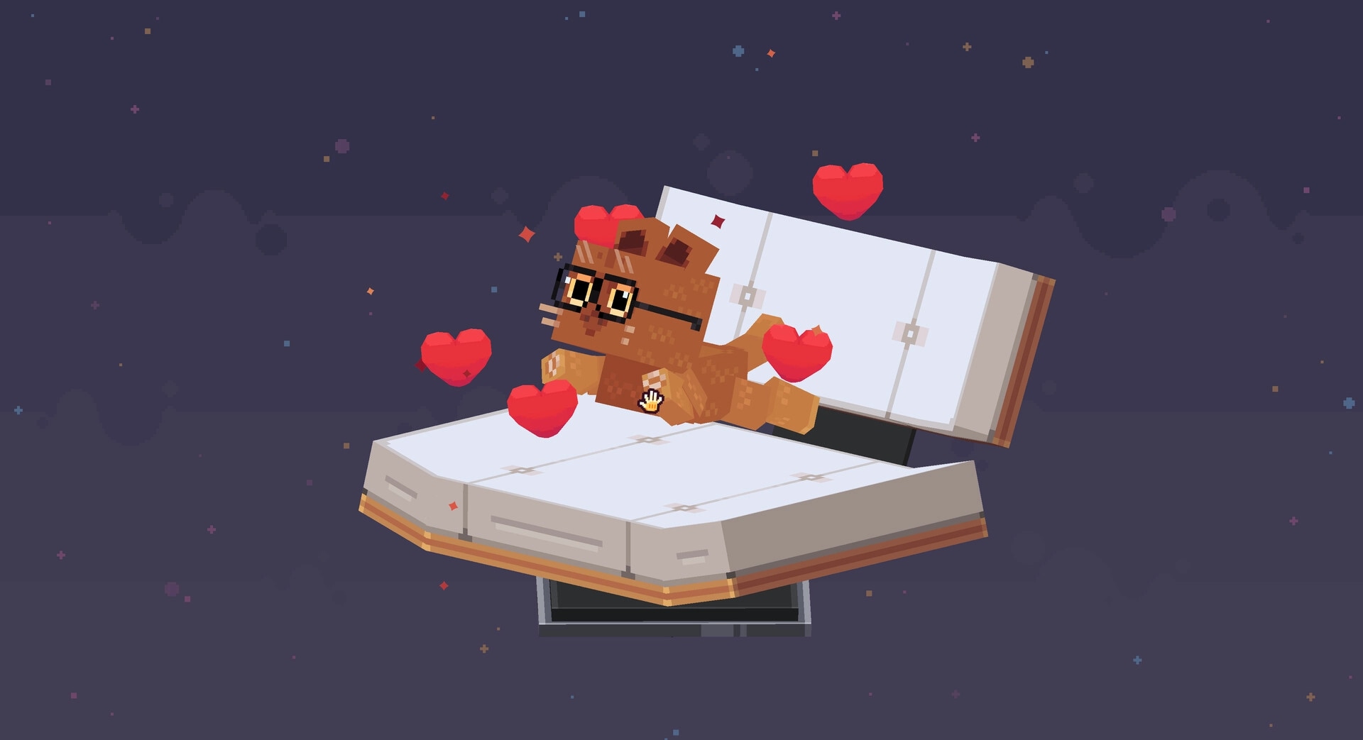 Pat the Cat: Adorable cat with glasses being petted, surrounded by hearts on a floating book in space