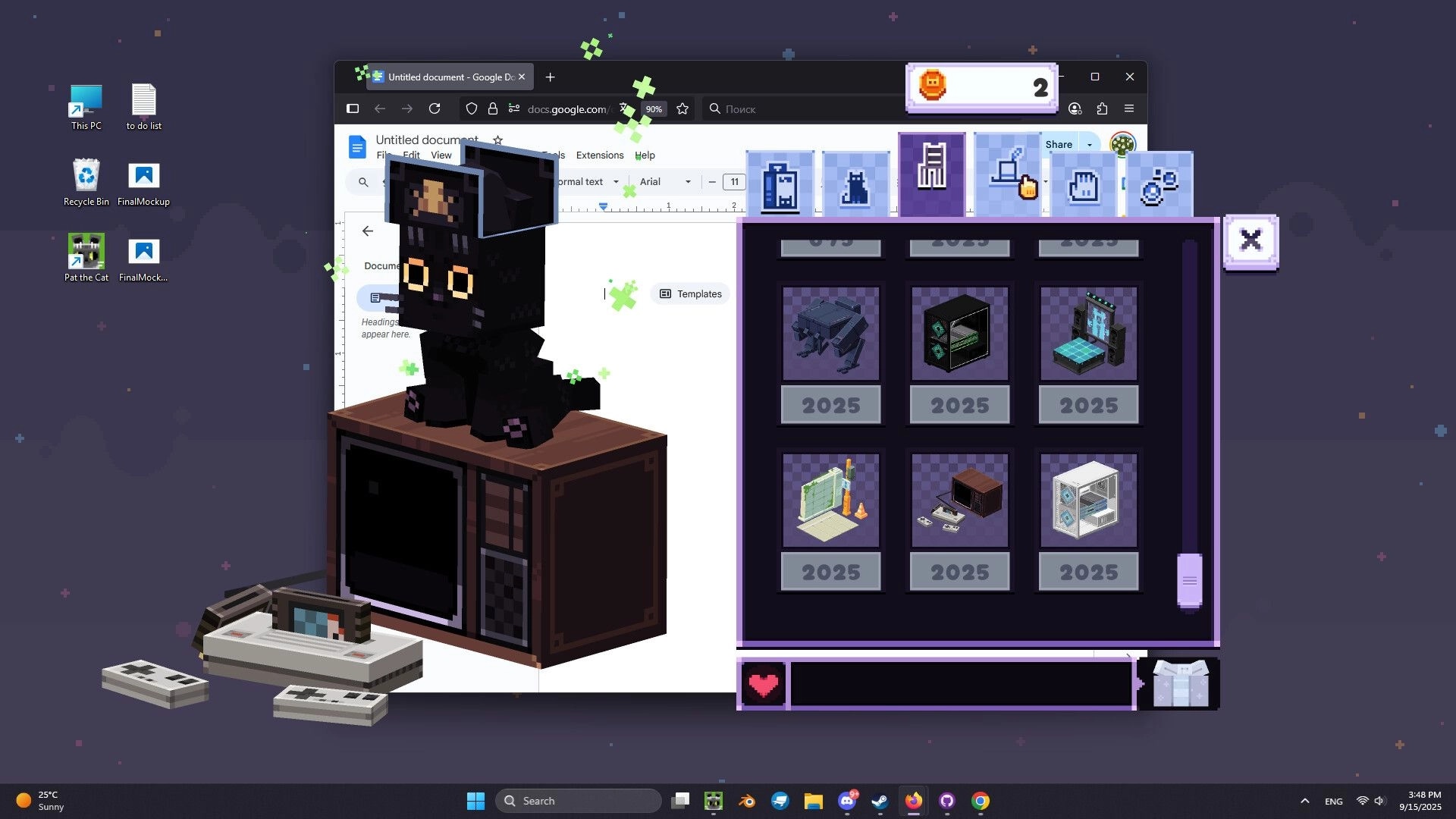 Pat the Cat: Black cat sits on a desktop computer beside a retro game console, UI shows item shop menu.