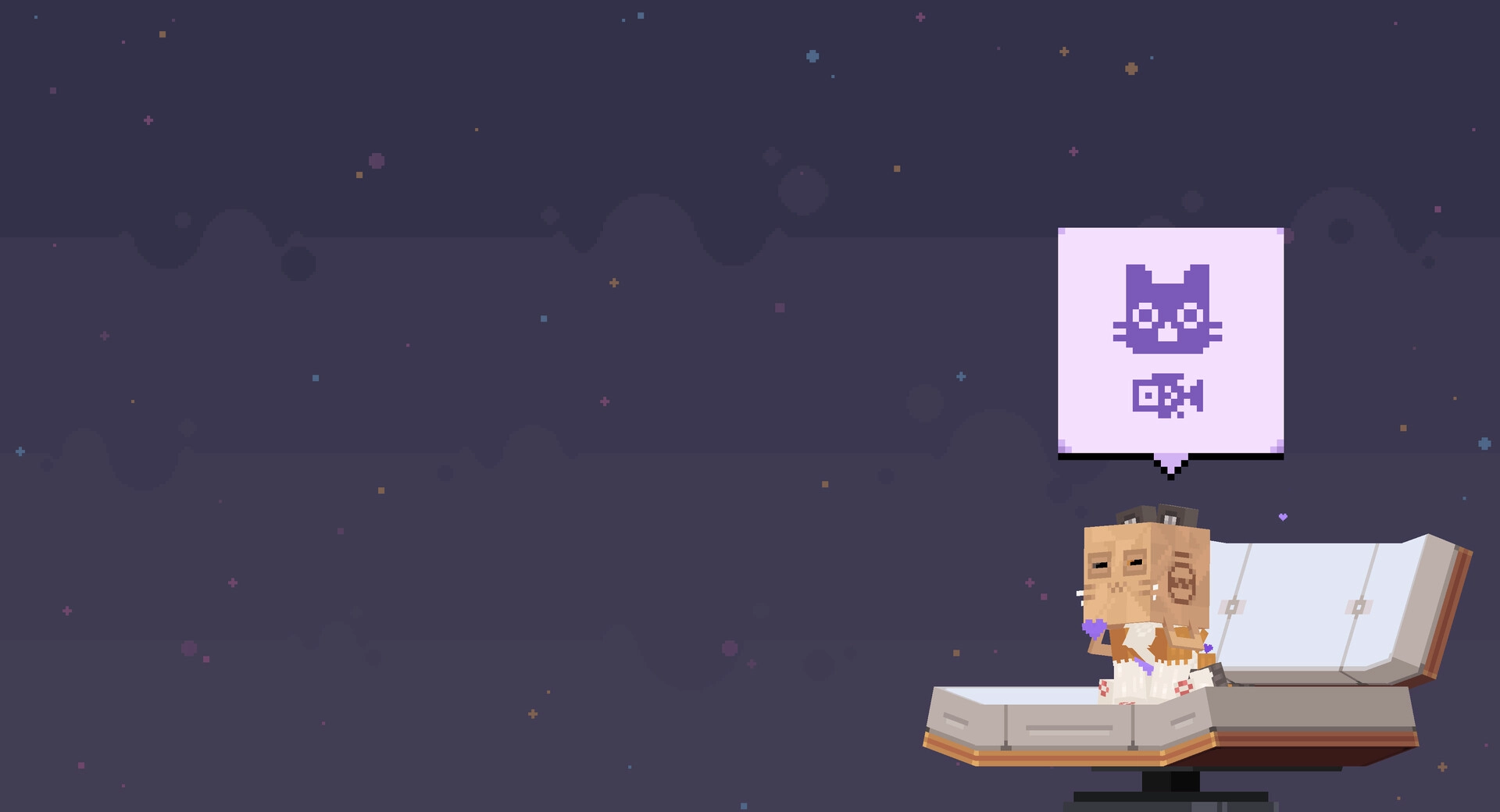 Pat the Cat: Pixelated cat sits on a sofa with a speech bubble, starry night sky background.