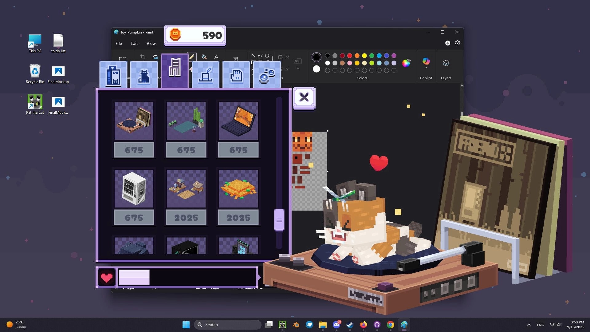 Pat the Cat: Inventory menu with cozy items and a fluffy cat lounging on a record player desktop setting.