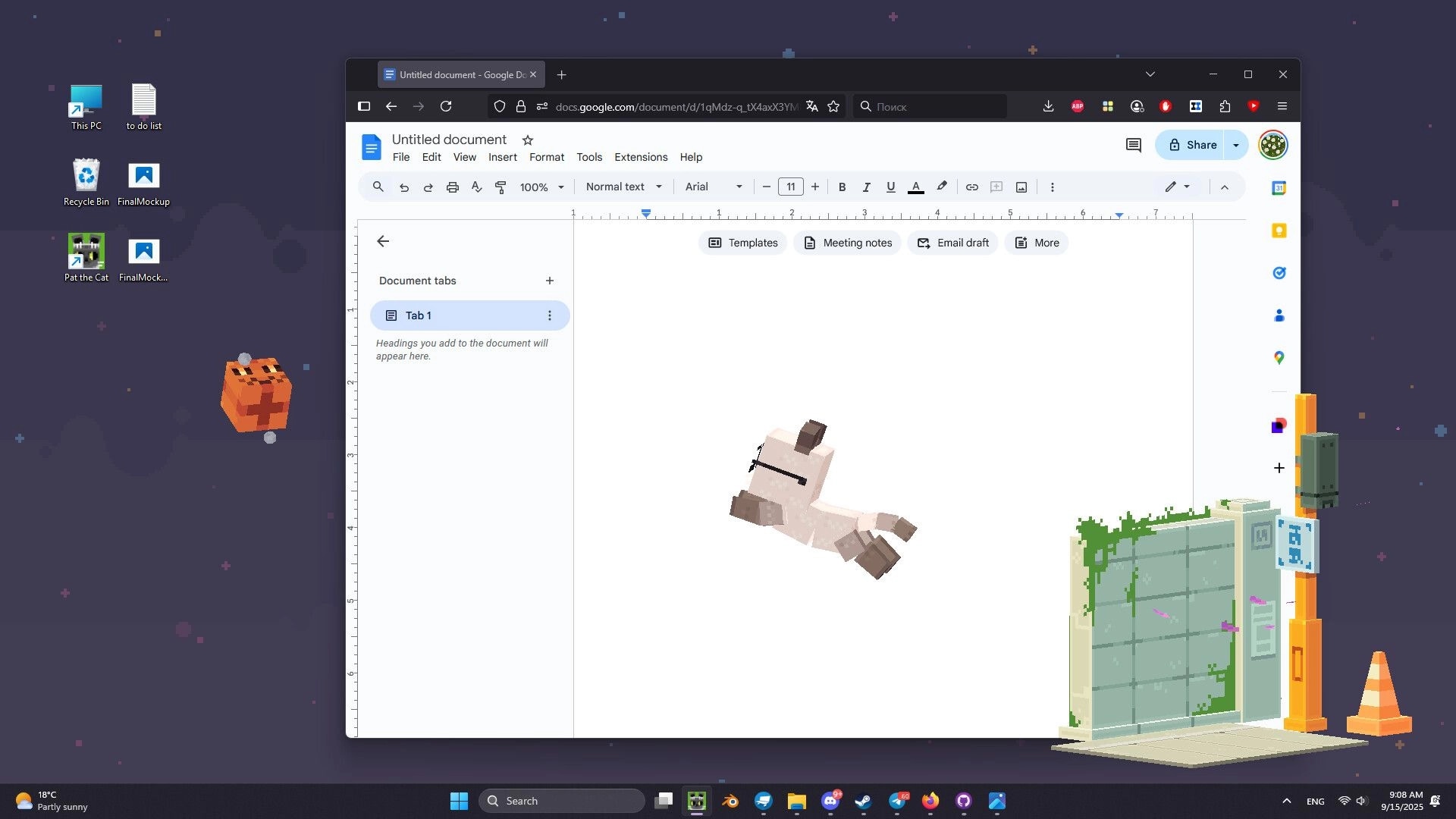 Pat the Cat: Desktop view with game icon, pixelated cat, and virtual environment elements visible