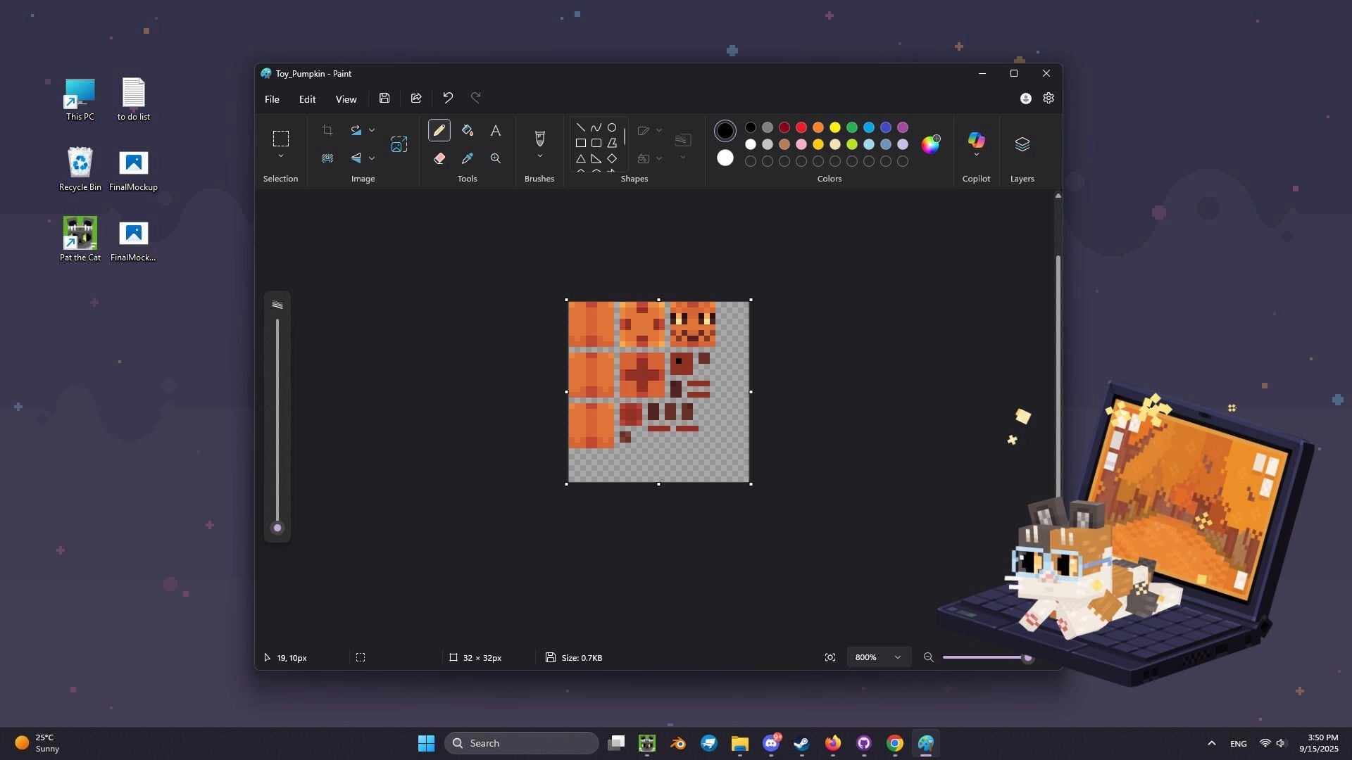 Pat the Cat: Pixel cat wearing glasses sits on a laptop with a pixel art painting program open