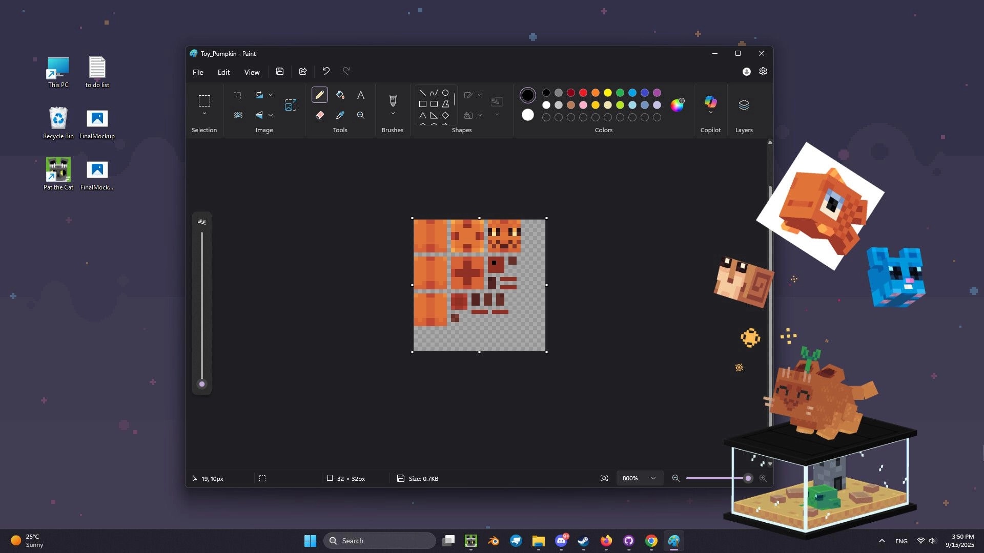 Pat the Cat: Desktop scene with pixel art cat, floating icons, and open image editing software.