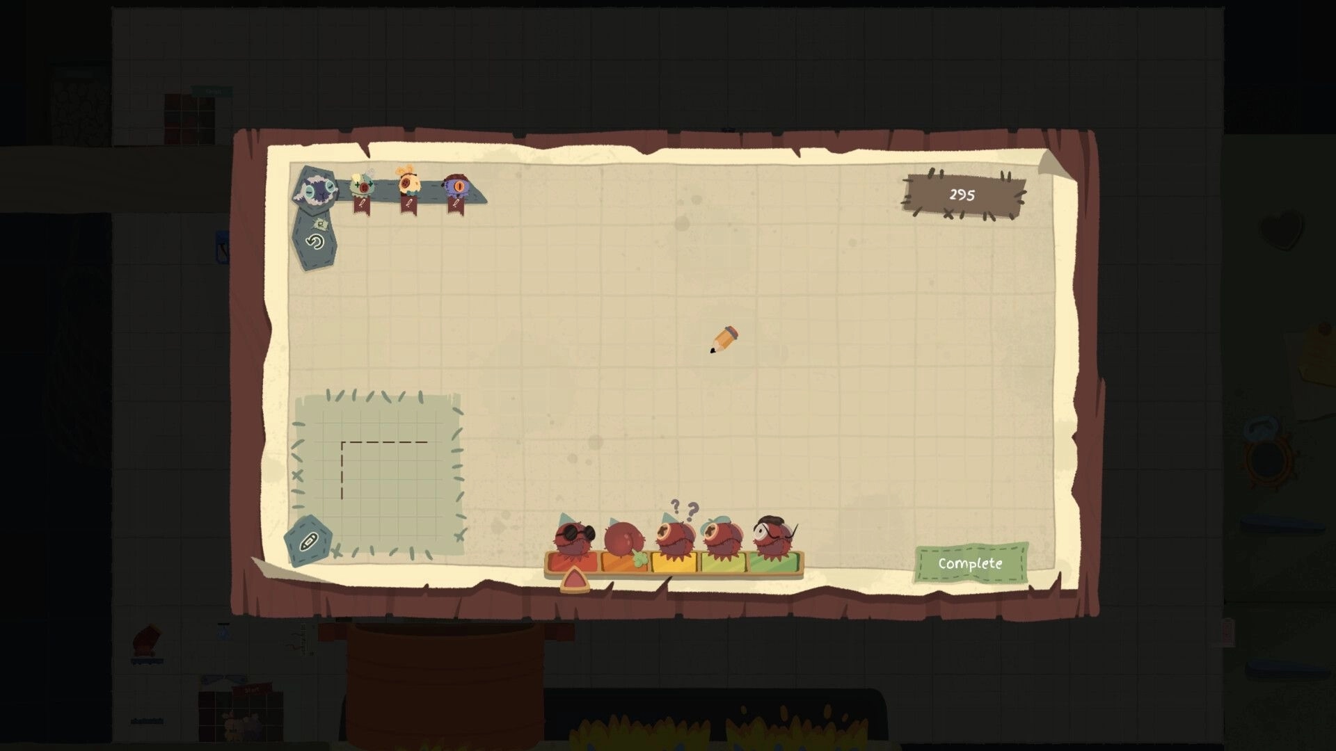 Patchkins Party: Course-building grid editor with pencil cursor and four racers queued at bottom UI.