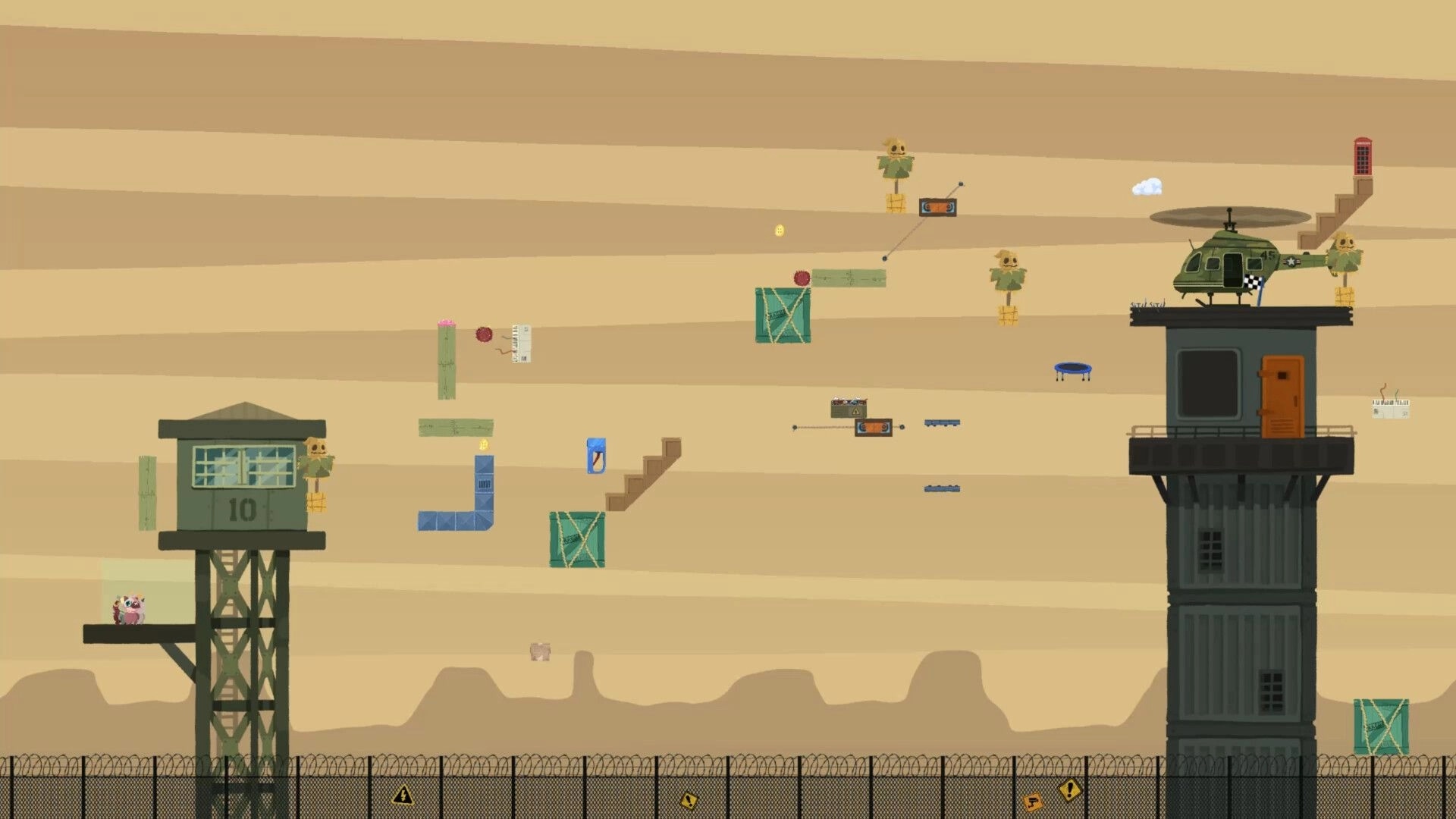 Patchkins Party: Platform race course with crates, trampolines, and helicopter on a desert base backdrop.