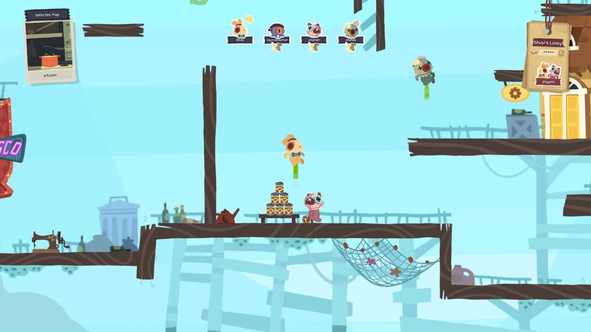 Patchkins Party: Player lobby with four Patchkins icons above wooden platforms in the Kitchen map.