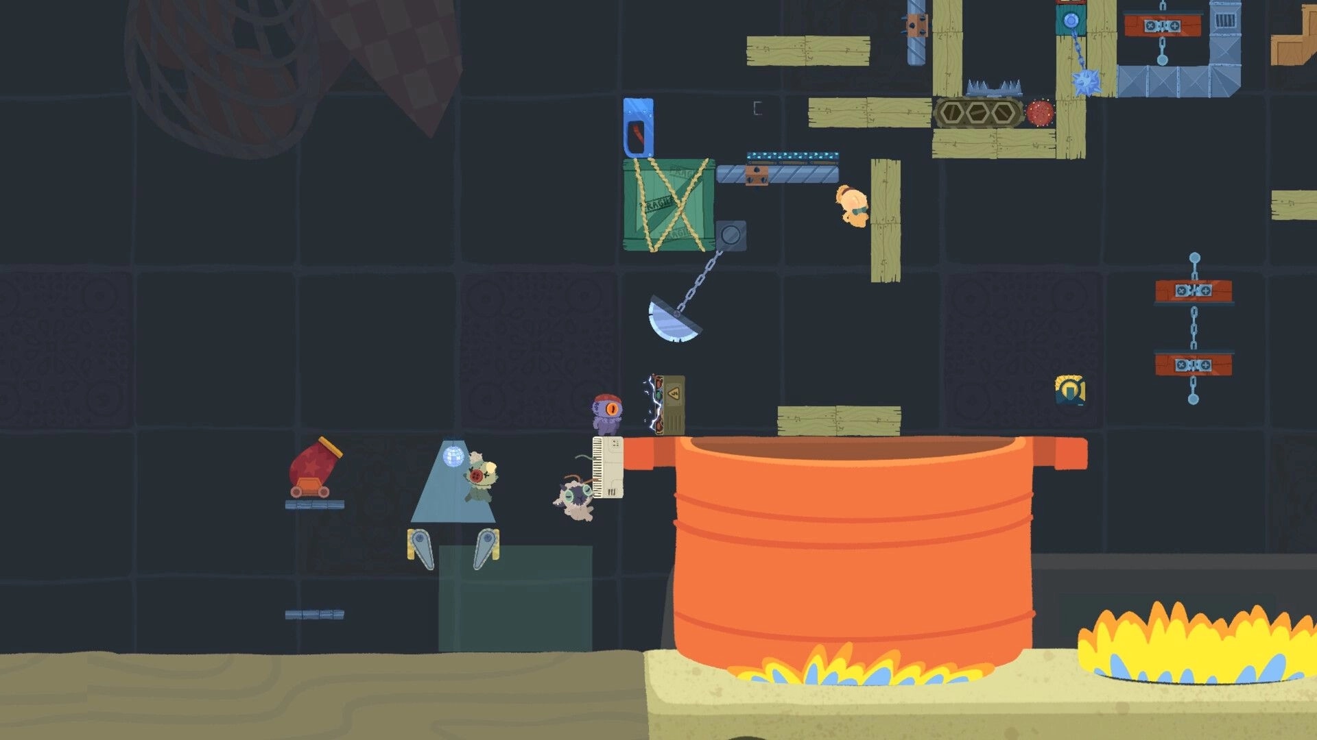 Patchkins Party: Two racers dodge saws and spikes on wooden platforms above a fiery barrel factory stage.