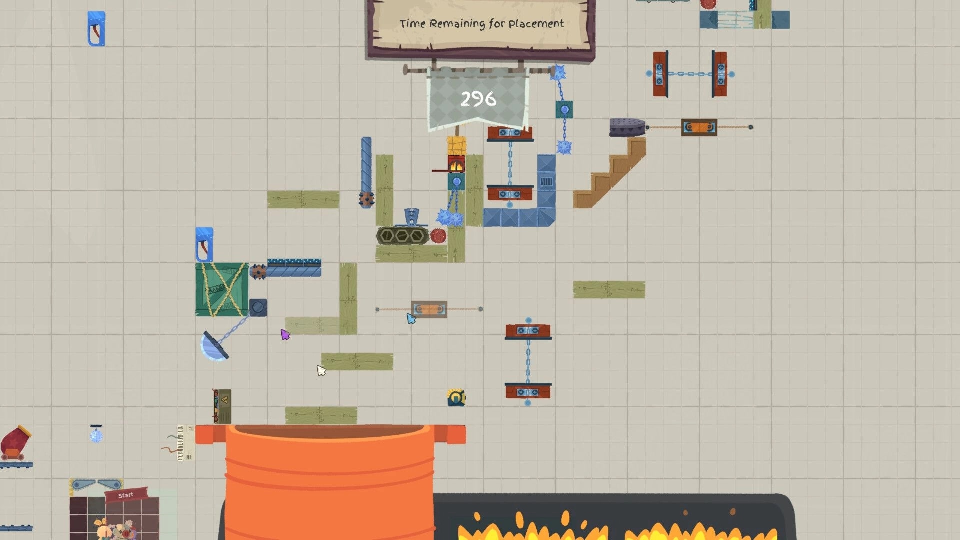 Patchkins Party: Course placement timer at 296 over a grid of platforms, chains, spikes, and ramps.