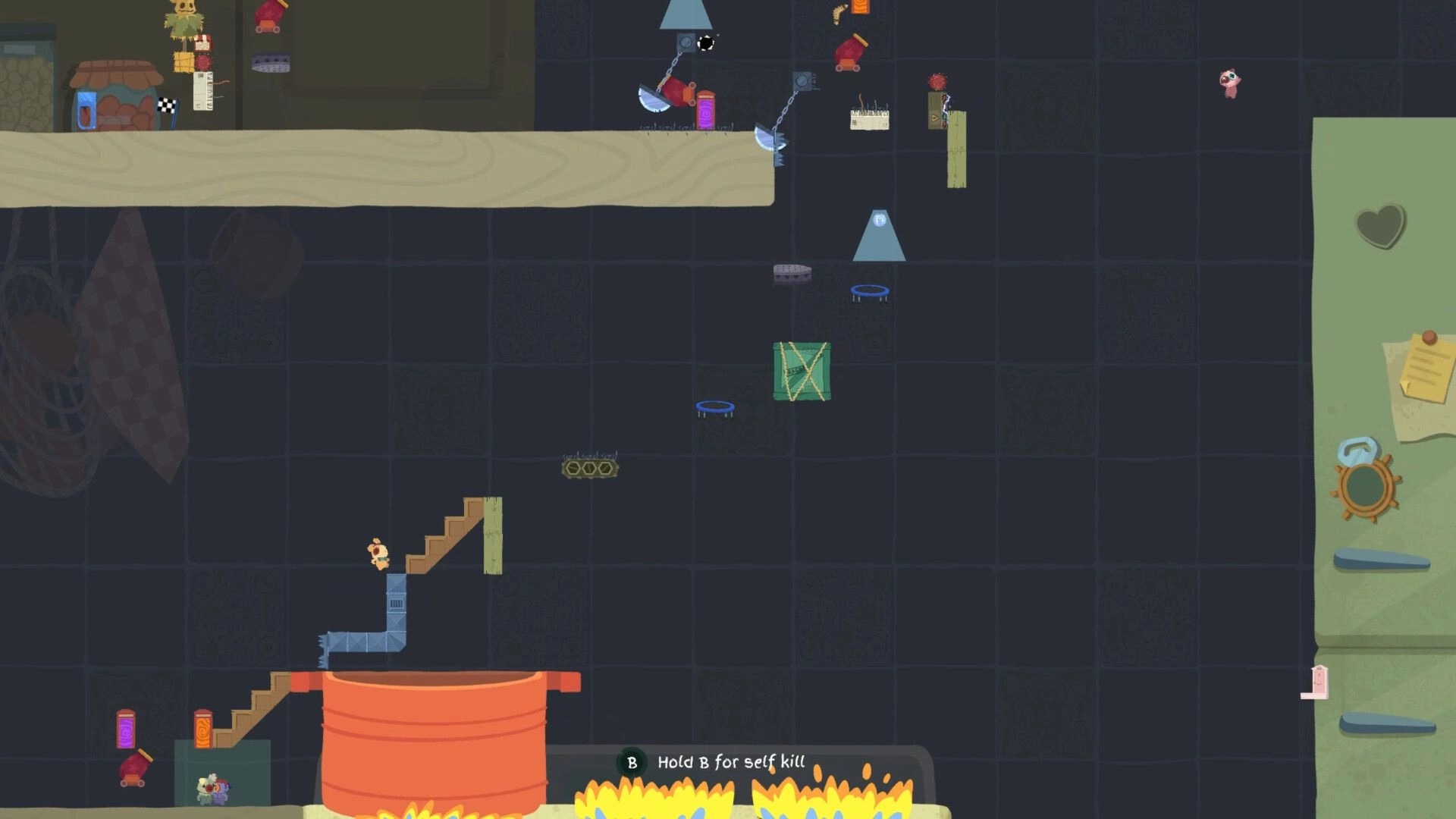 Patchkins Party: Platforming race with saw traps, springs, and crates on a grid workshop course.