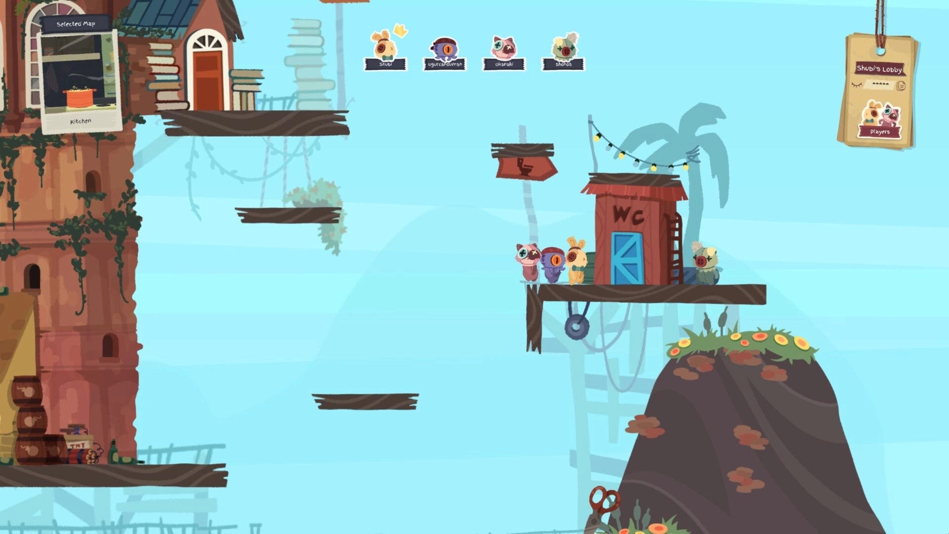 Patchkins Party: Four plush racers idle by a WC hut on platforms, map preview and player icons above.