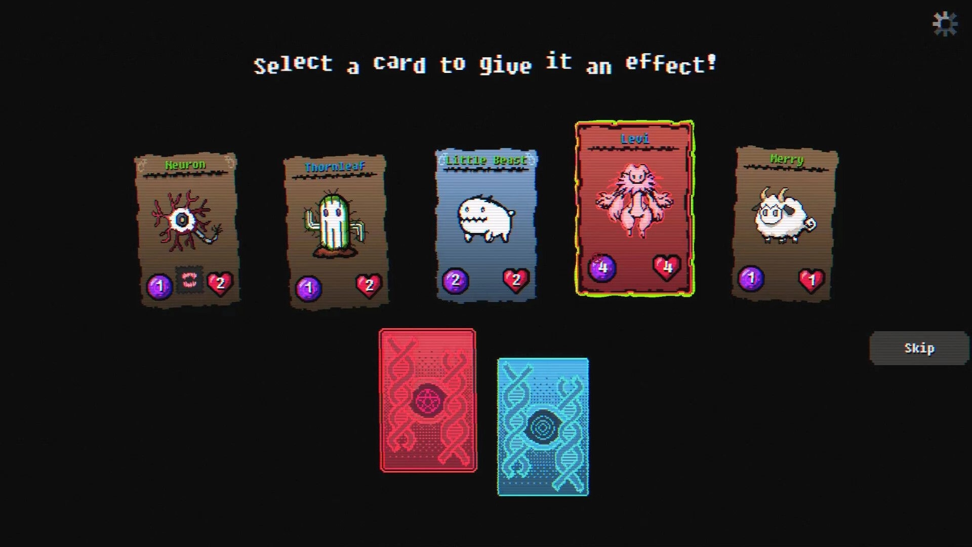 Pathogen: Card upgrade selection with Levi highlighted among five creature cards on dark menu screen.