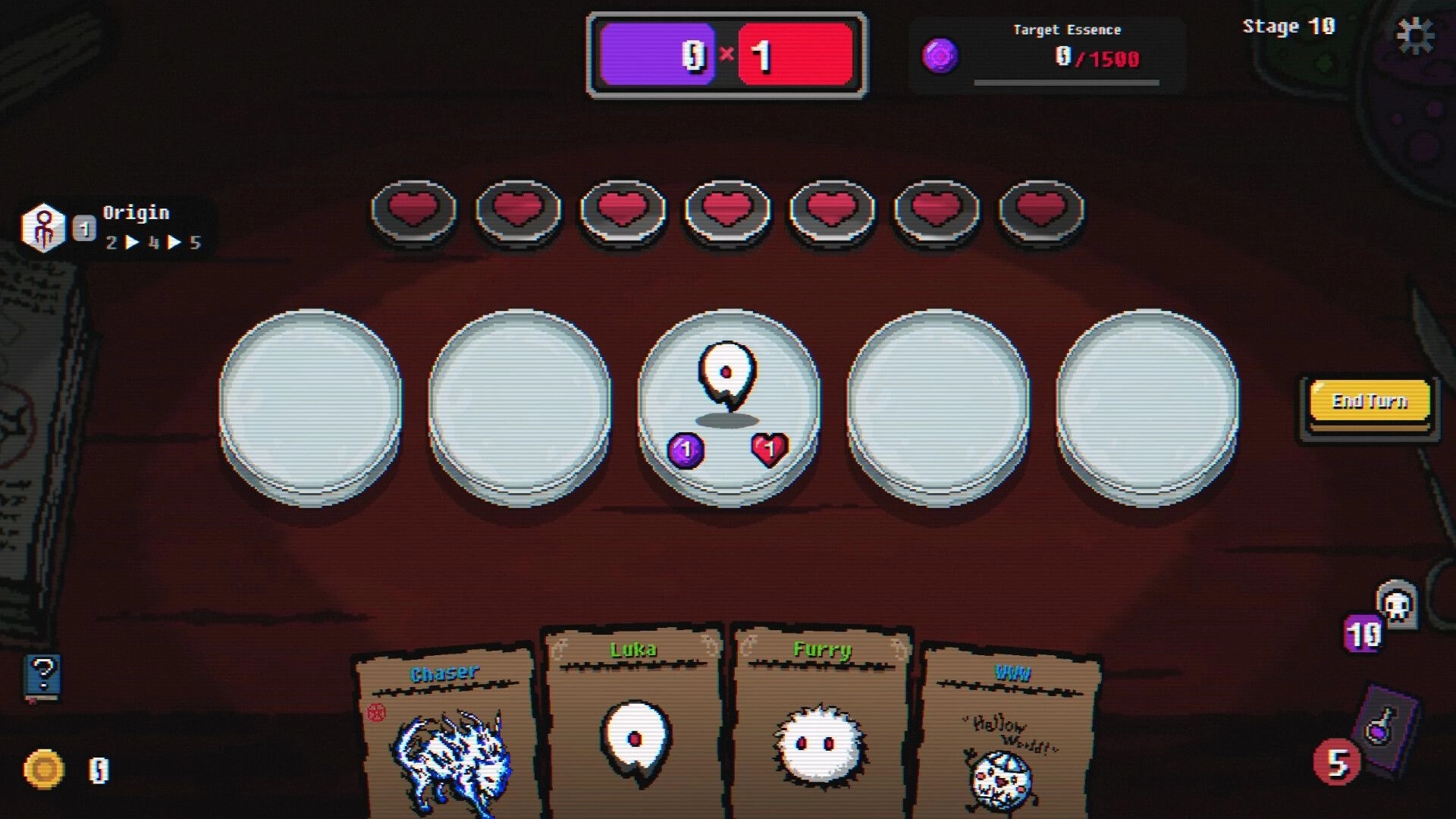 Pathogen: Turn-based battle UI with heart health, empty slots, hand of cards on Stage 10 board.