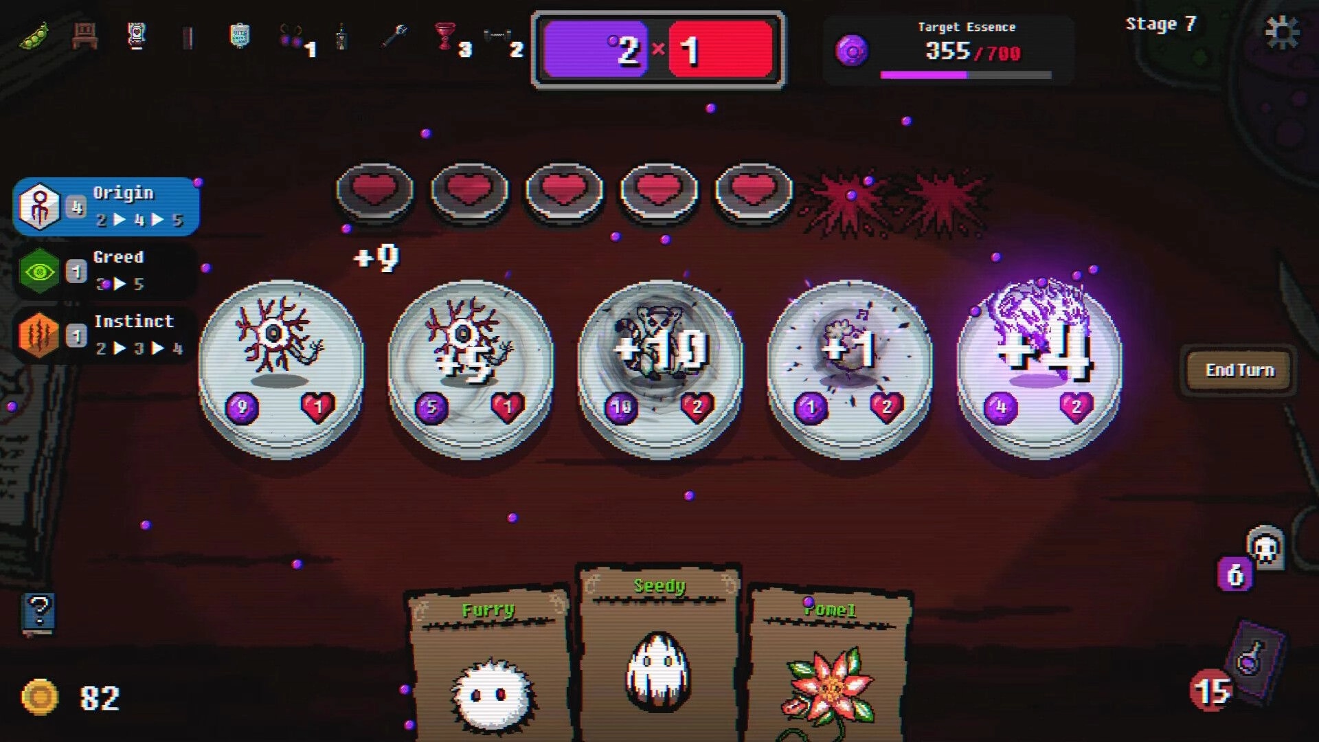 Pathogen: Combat turn with five card effects and heart shields, End Turn button on Stage 7 UI.