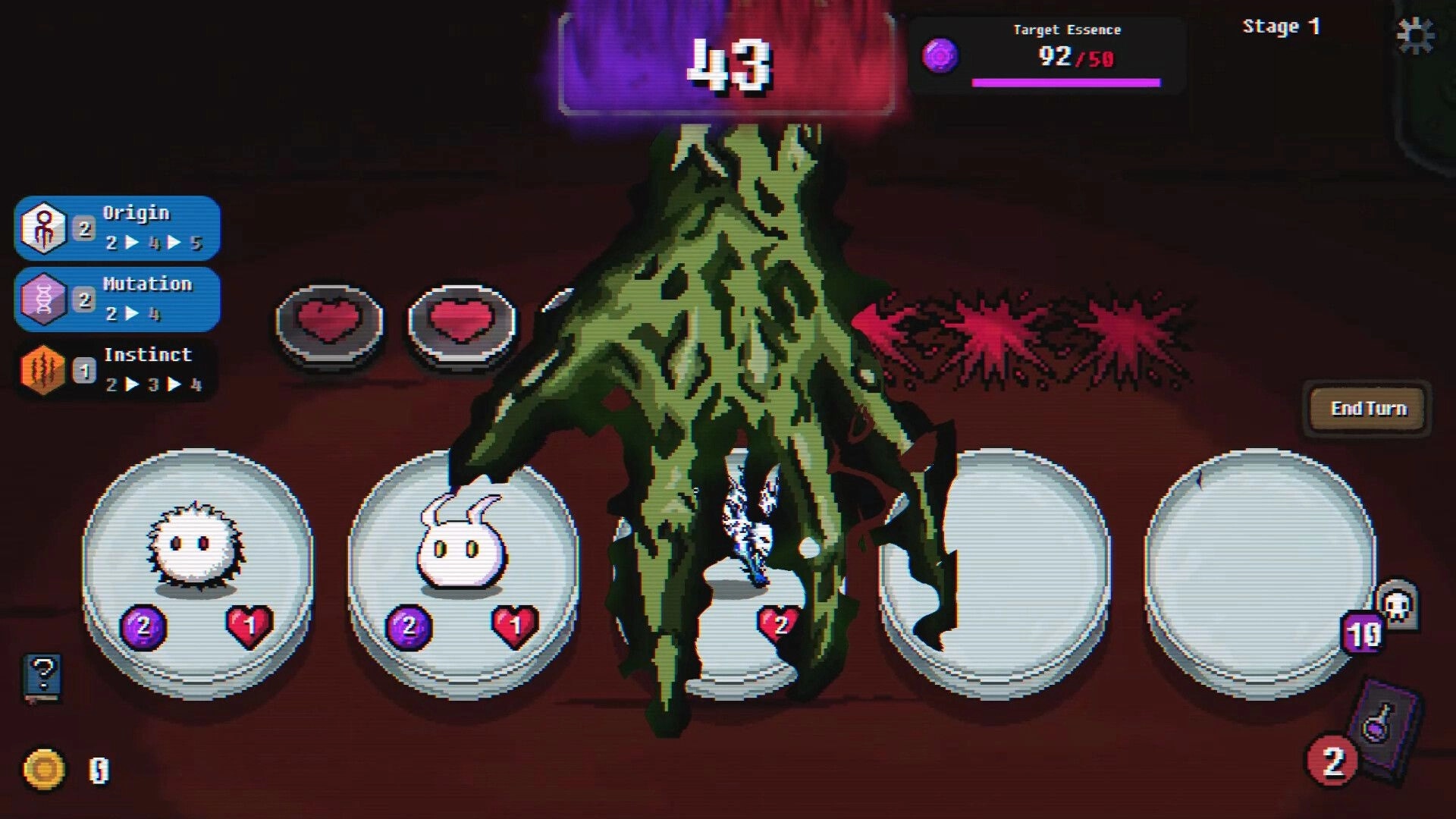 Pathogen: Turn-based battle UI with a towering green mutant over allies on Stage 1 battlefield.