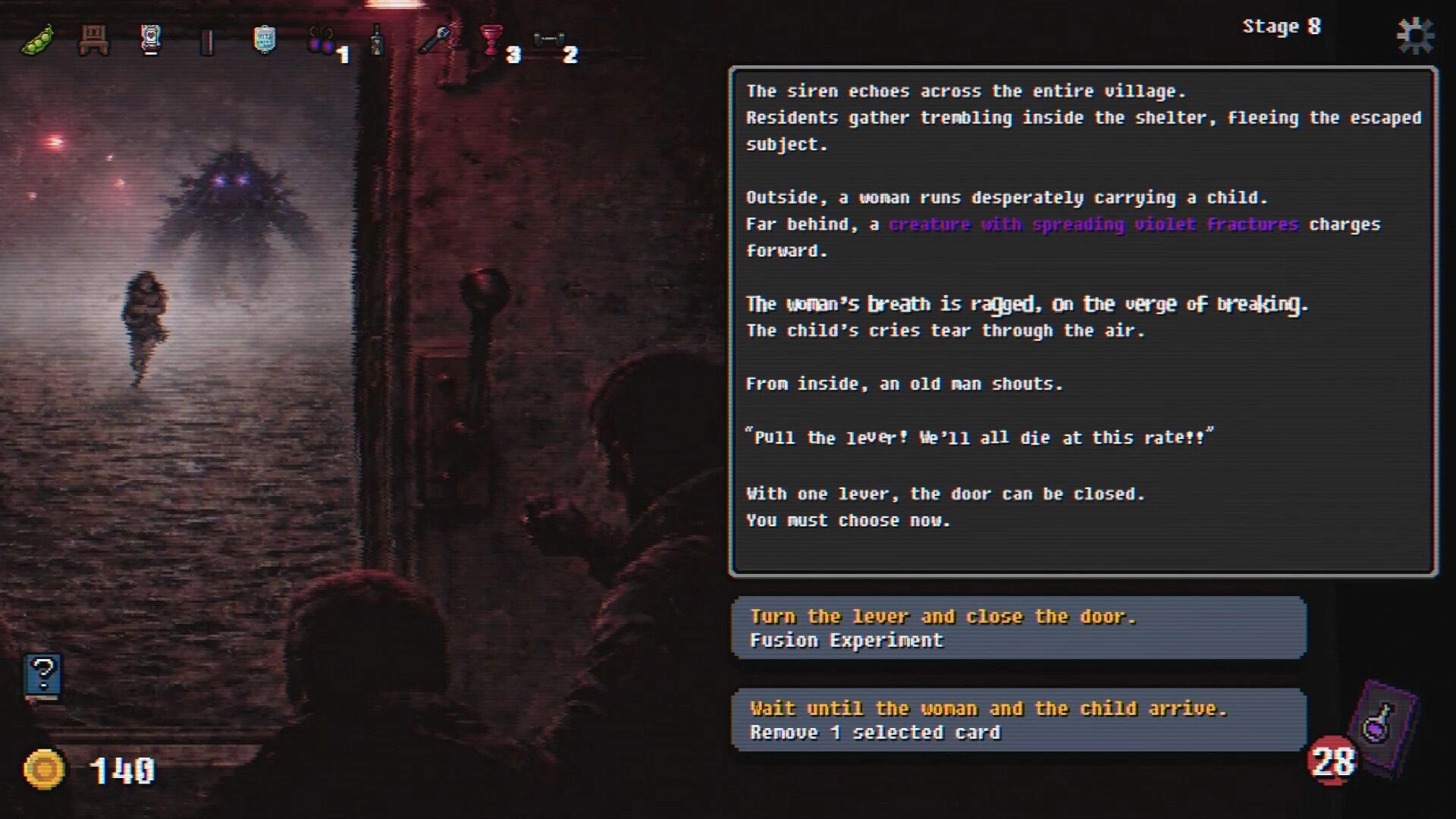 Pathogen: Story choice screen with lever decision options beside a foggy street chase scene backdrop.