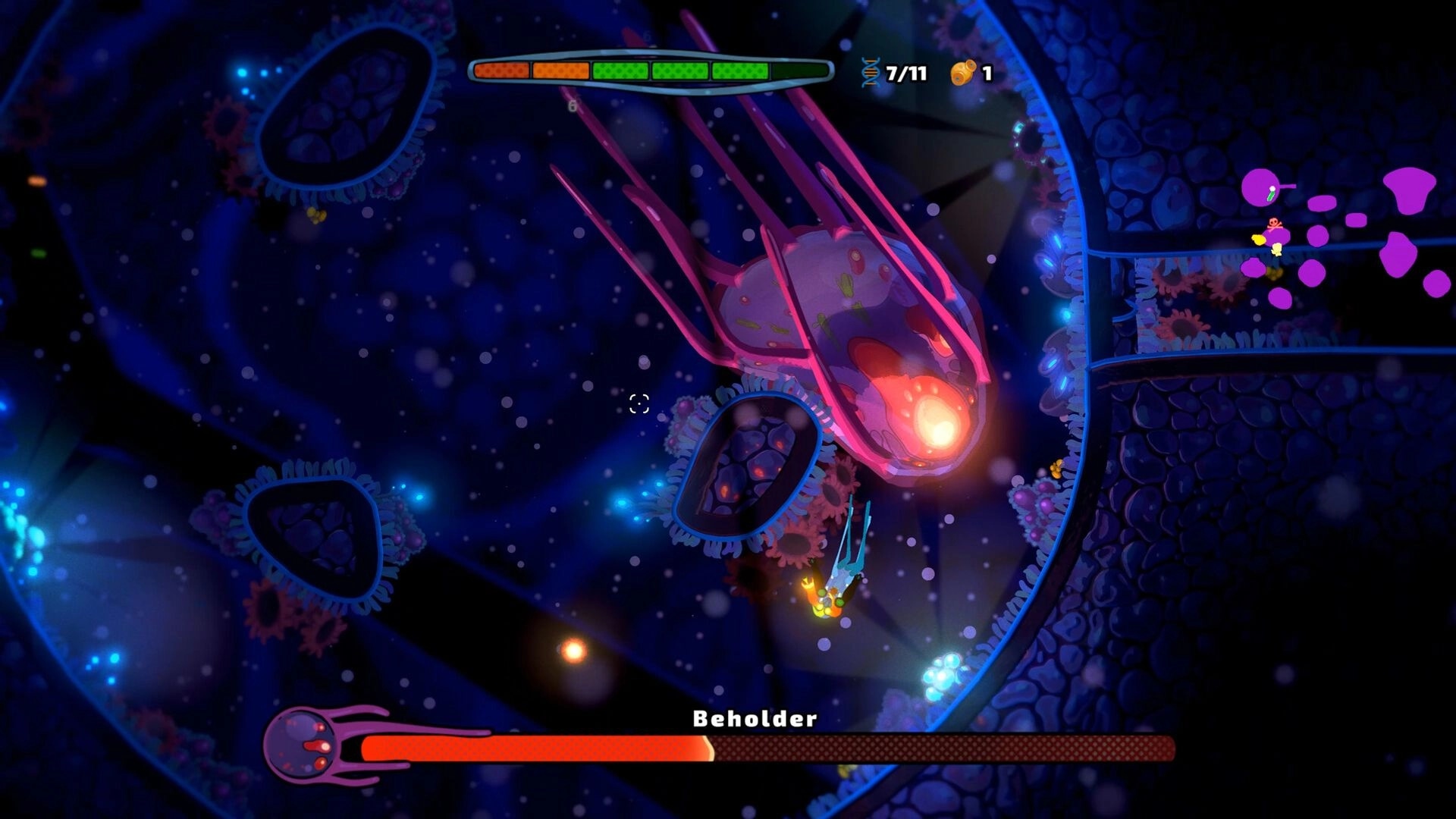 Pathogenic: Player battles Beholder boss in a vibrant microscopic environment with health bar visible