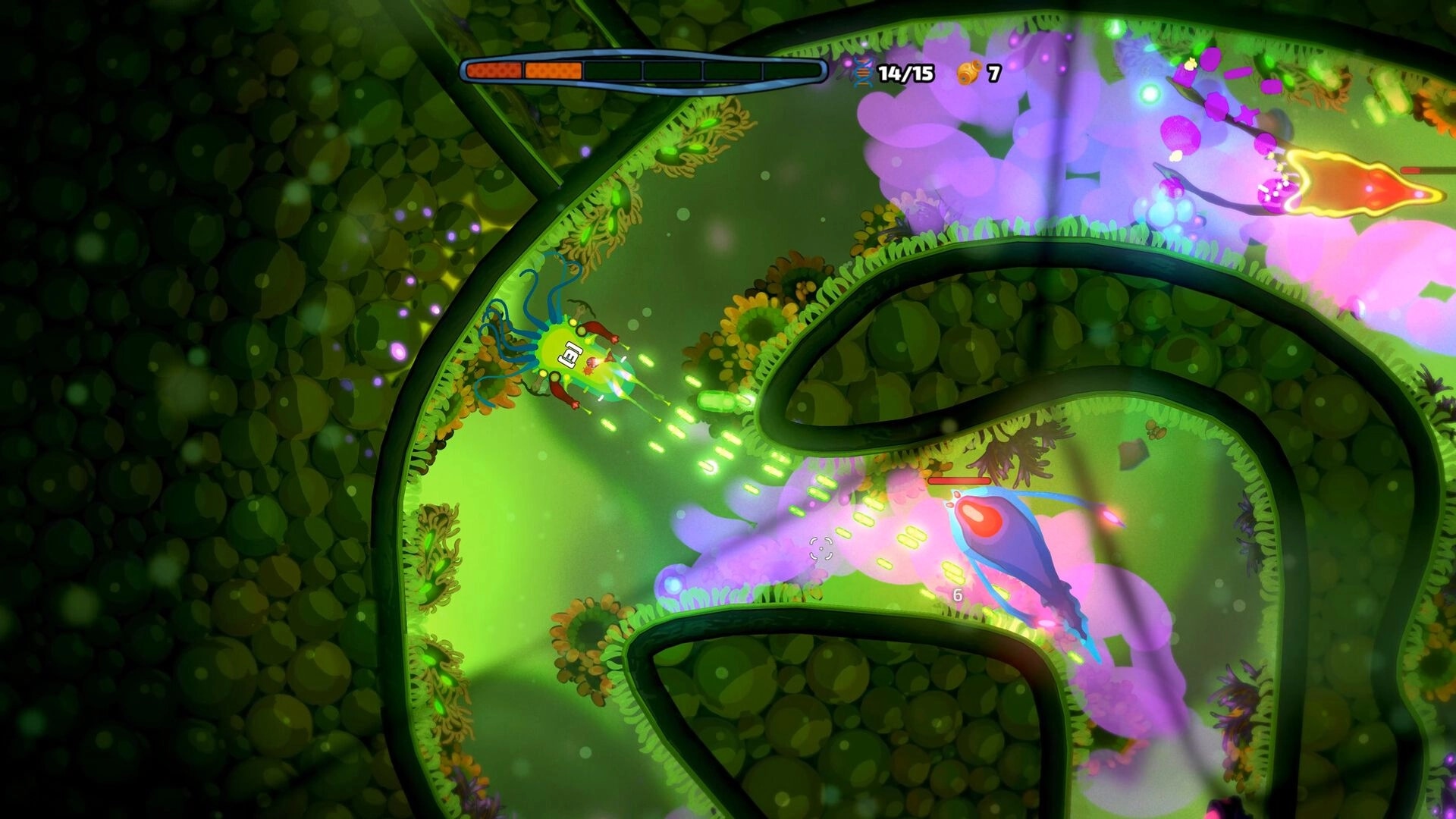 Pathogenic: Parasite firing projectiles in vibrant, maze-like cellular environment with HUD elements