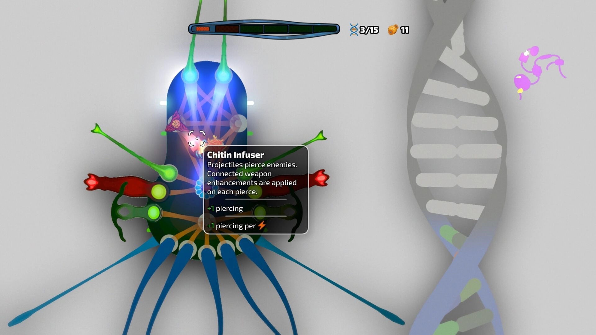 Pathogenic: Chitin Infuser upgrade menu displayed on a cellular organism in a microscopic environment.