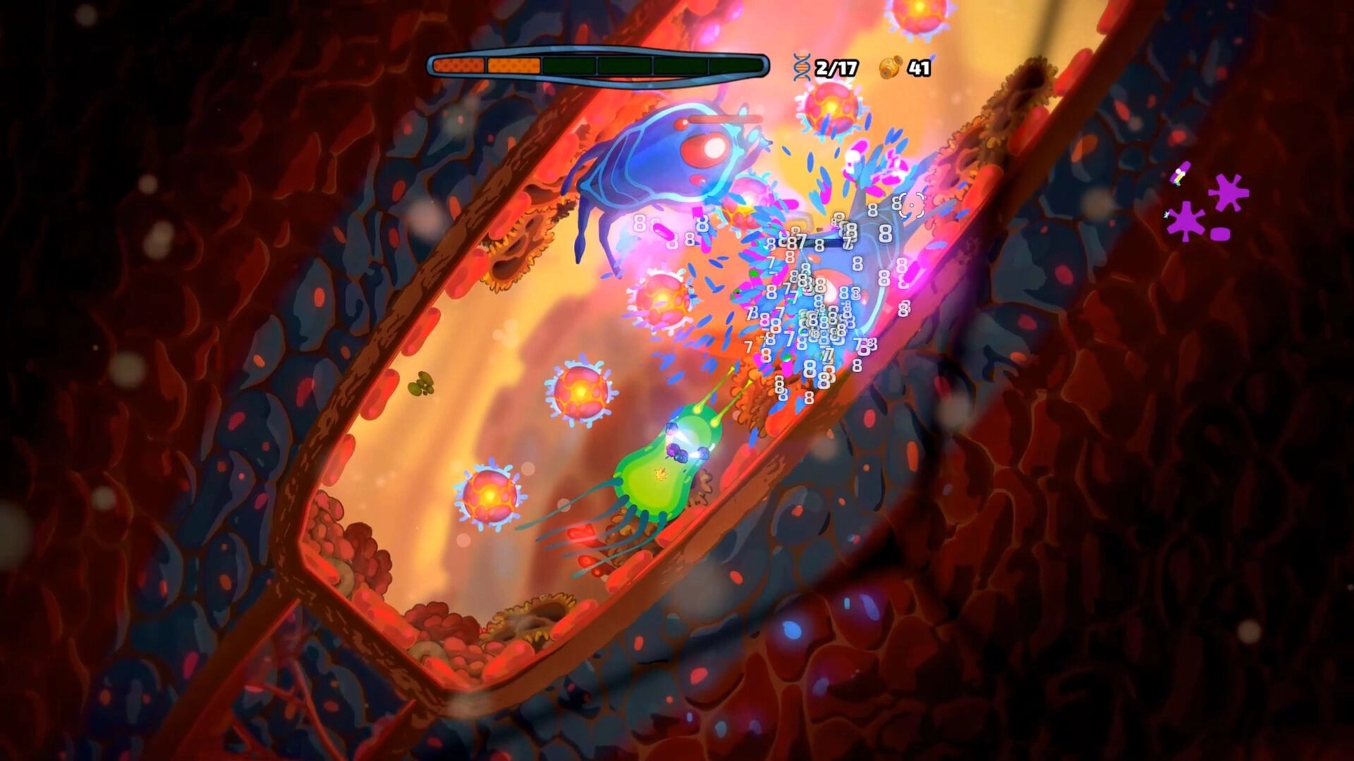 Pathogenic: Parasite battling immune cells in a vibrant, winding microscopic bloodstream environment