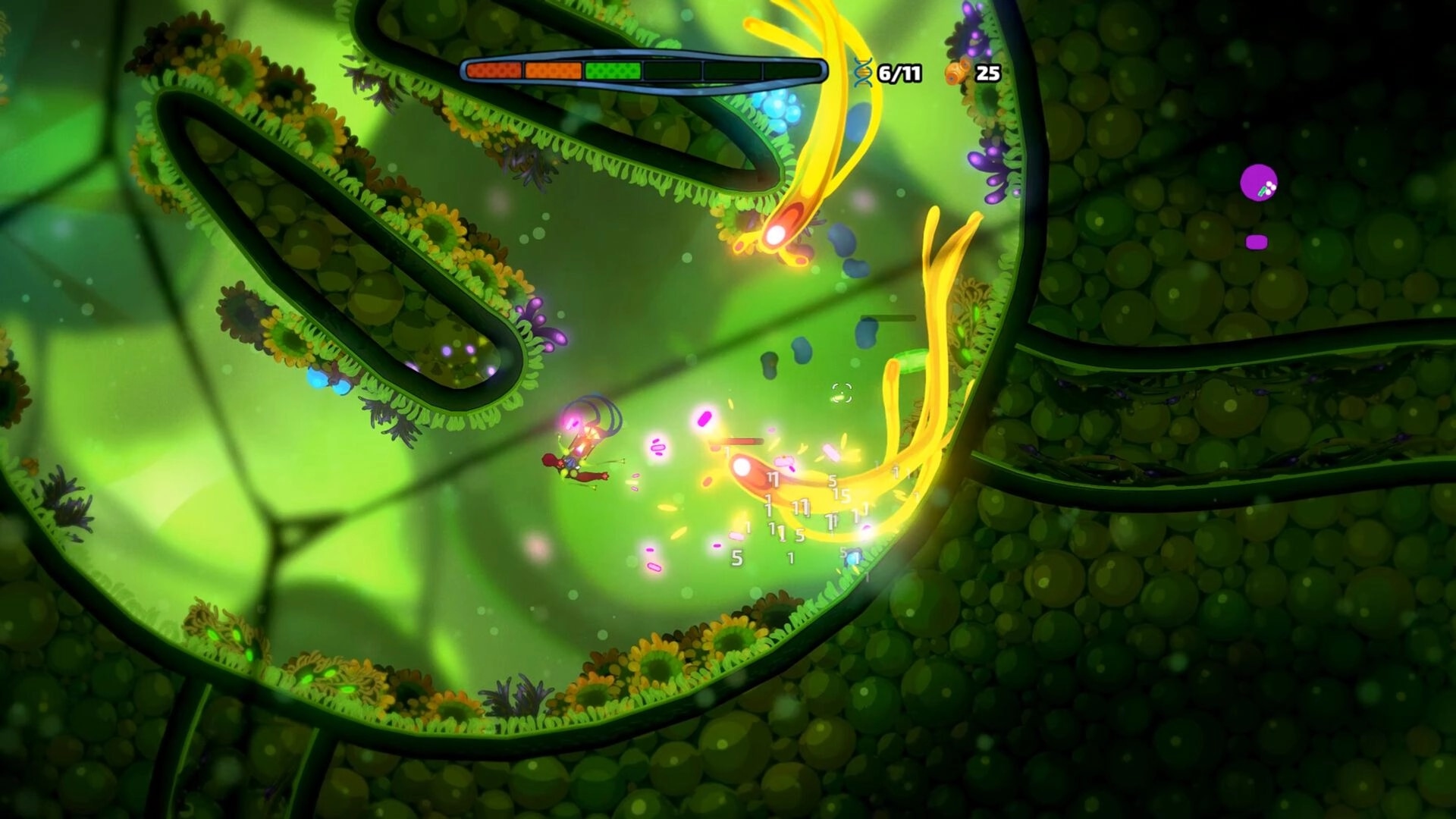 Pathogenic: Parasite battling yellow immune cells in a vibrant, green cellular environment with UI stats.