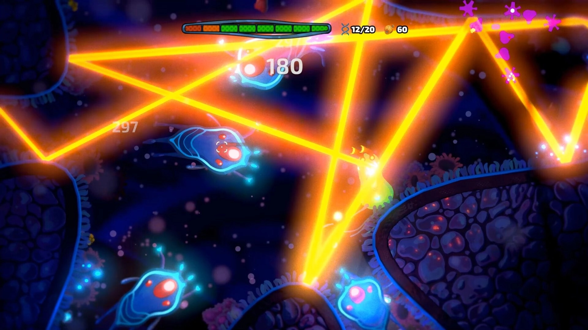 Pathogenic: Bright laser beams intersect as cells combat in a vibrant, microscopic environment.