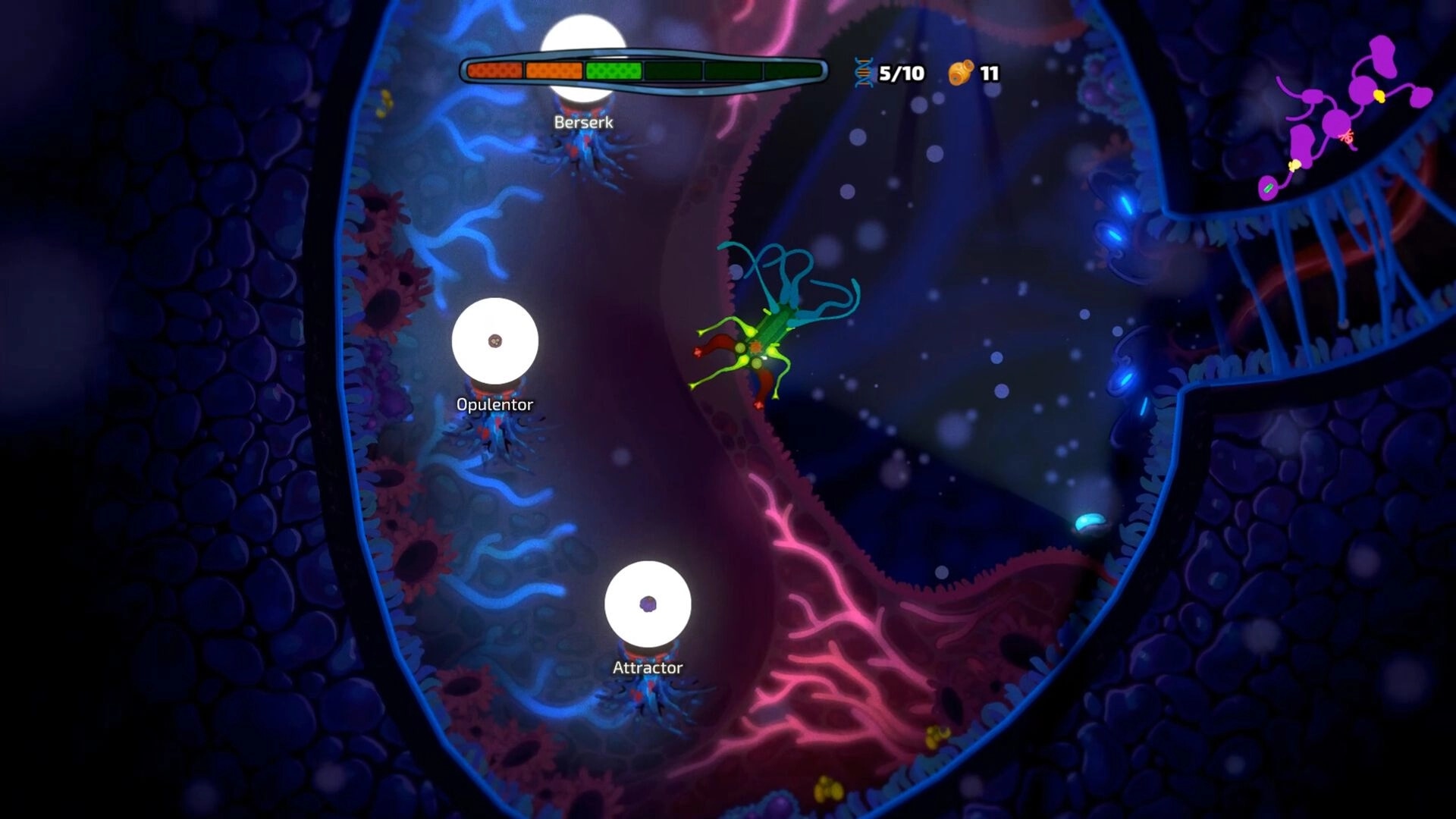 Pathogenic: Parasite navigates colorful cellular terrain with health bar and organelles labeled "Opulentor"