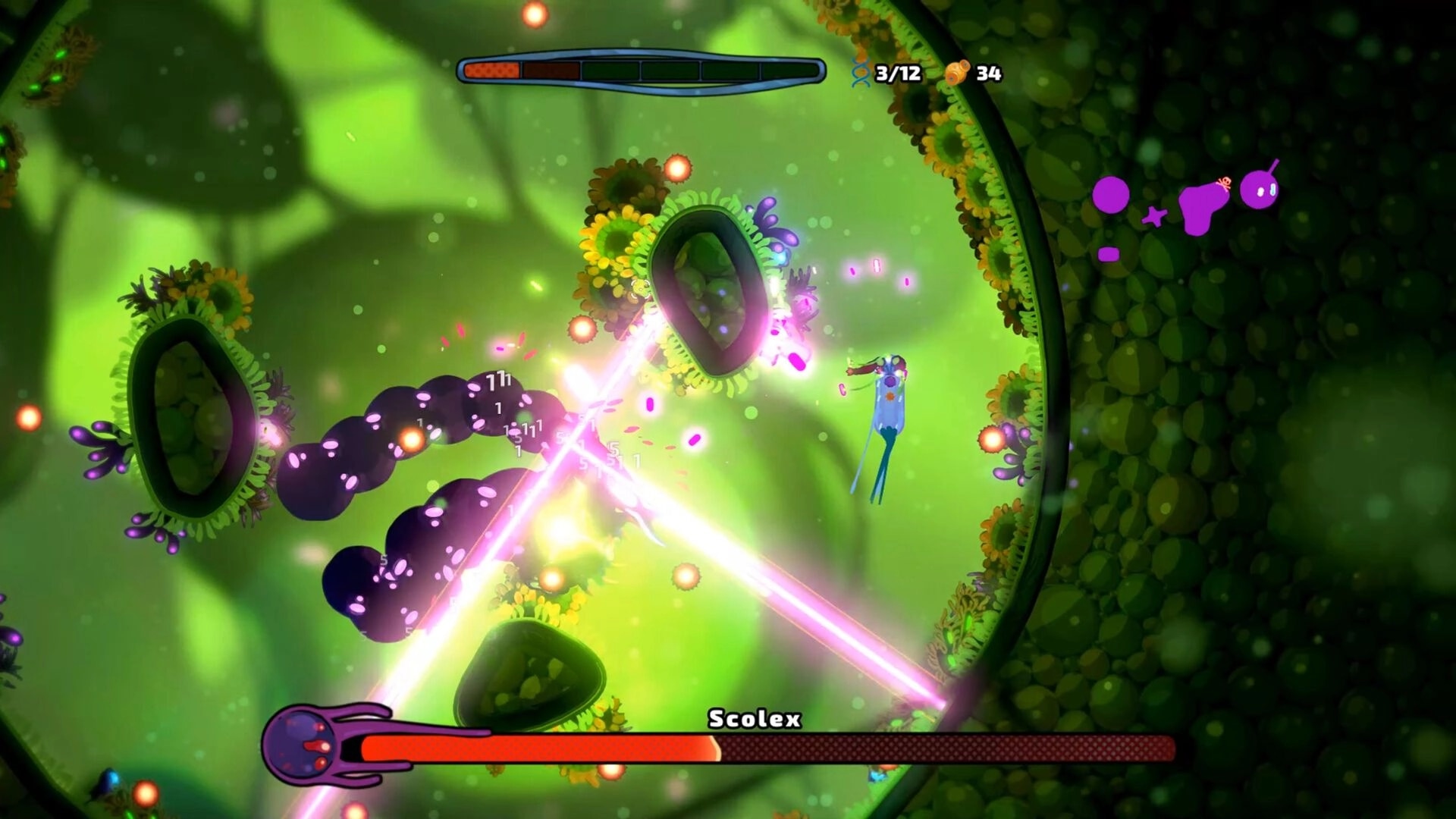 Pathogenic: Parasite battles Scollex in a vibrant, microscopic environment with health bars visible