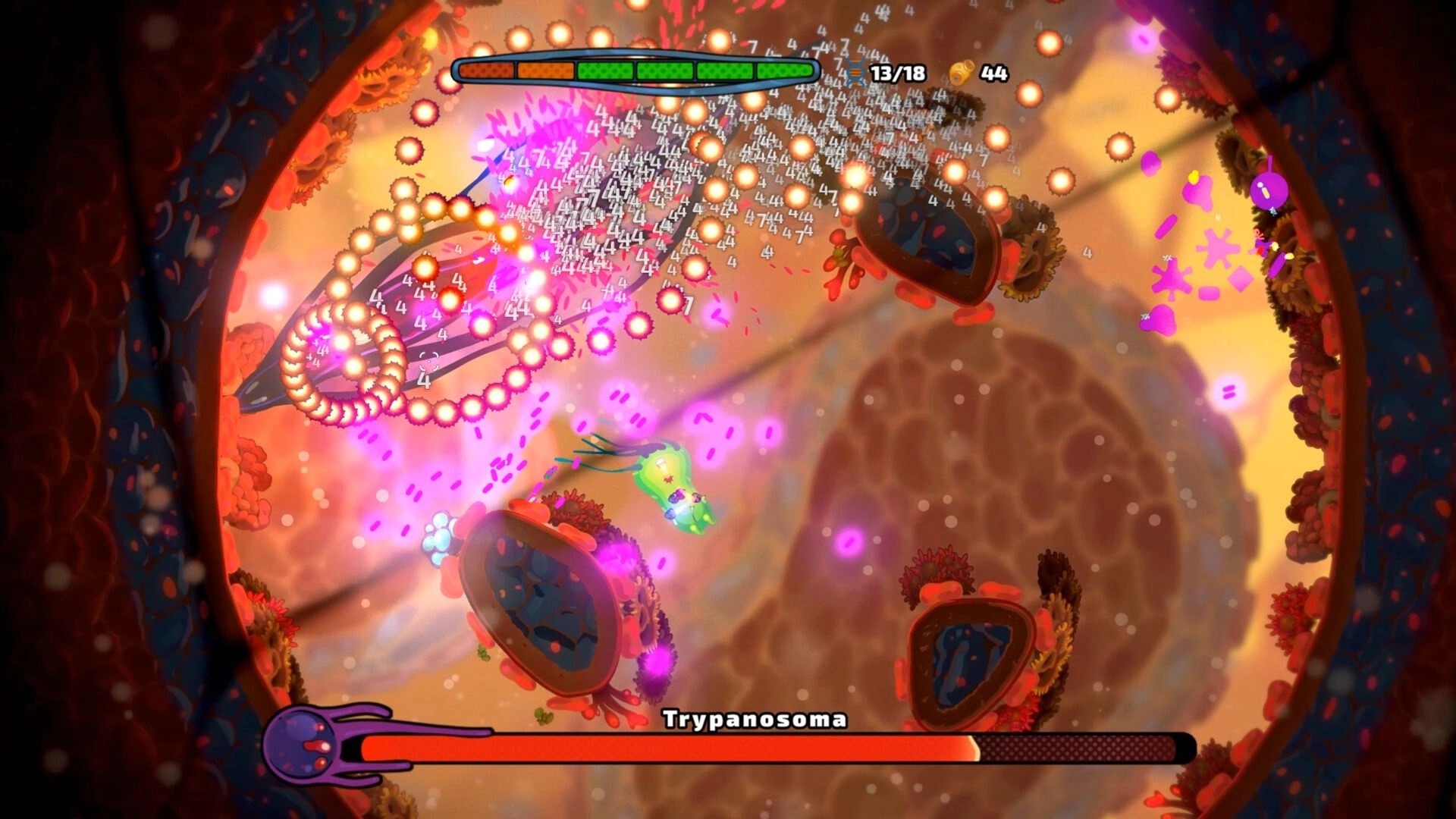 Pathogenic: Combat with Trypanosoma in vibrant cellular environment, UI shows health and attack stats
