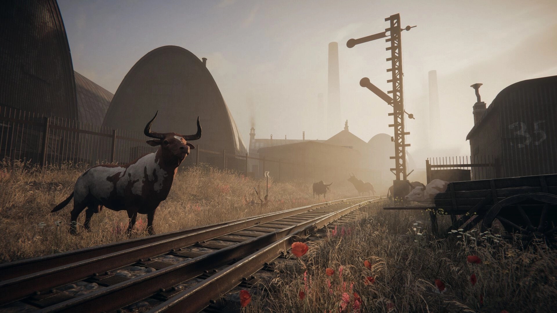 Pathologic 3: Cattle standing near railway tracks in a foggy industrial zone with silo buildings