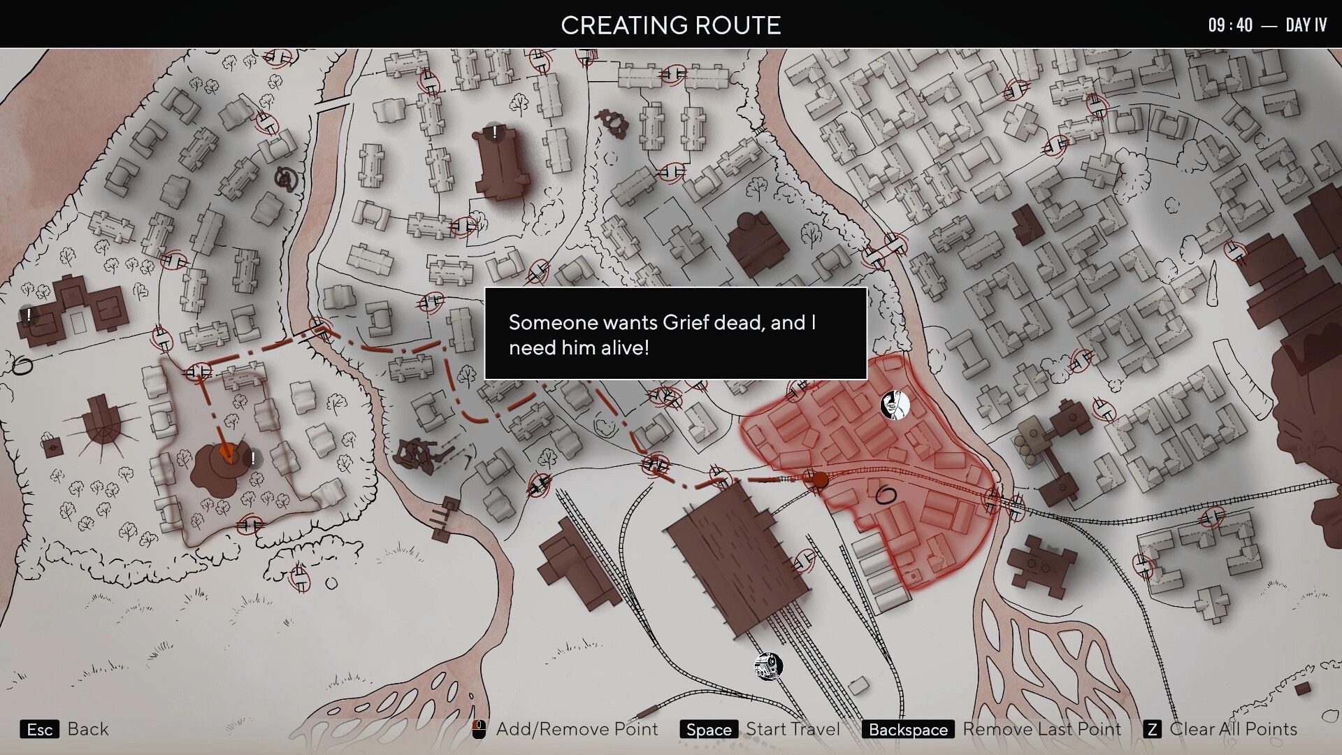 Pathologic 3: Map navigation with highlighted route and dialogue about protecting Grief in infected town