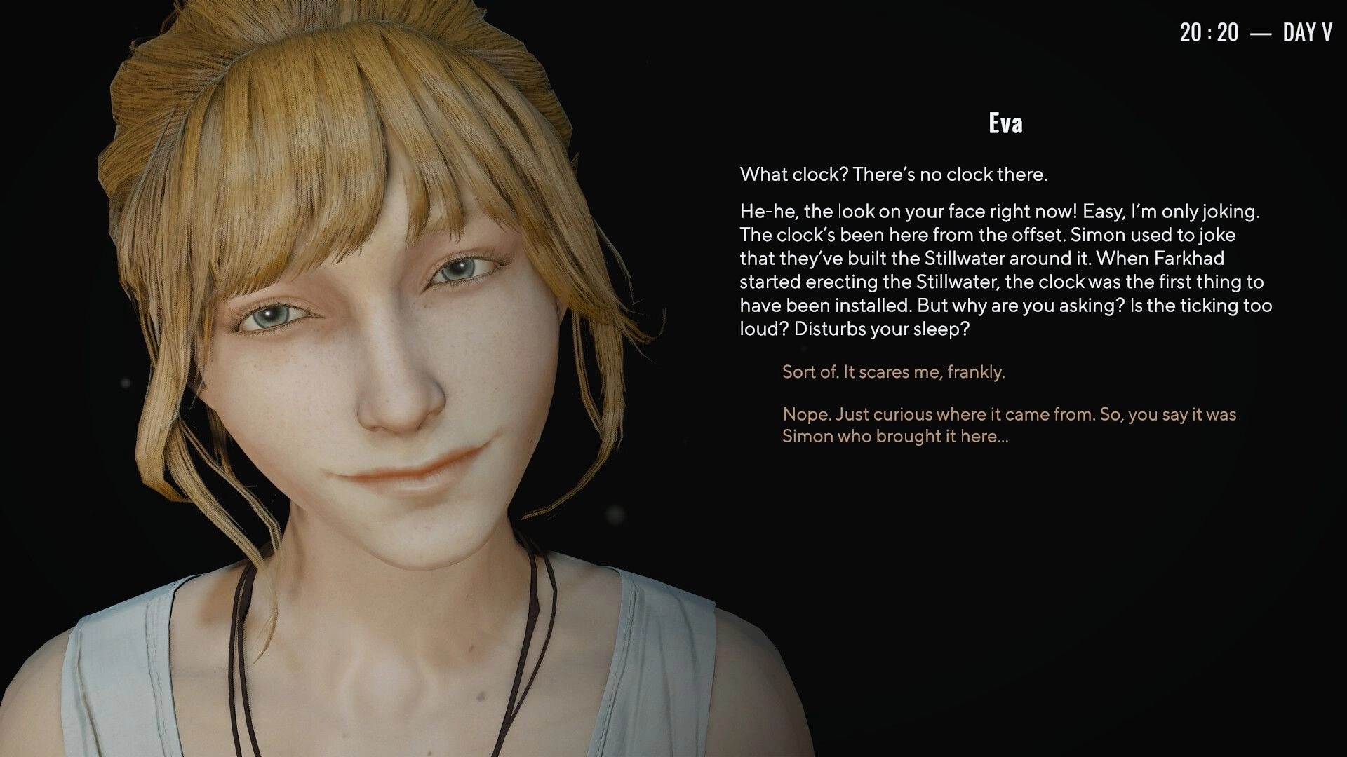 Pathologic 3: Dialogue with Eva in dimly lit room, narrative choices visible on right side of screen
