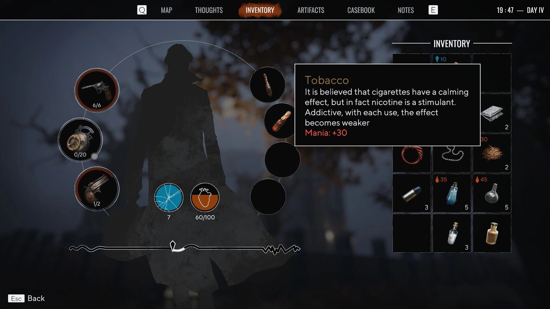 Pathologic 3: Inventory screen with tobacco info and various items shown, including weapons and resources.