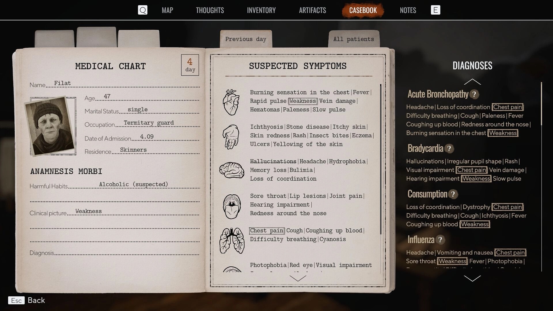 Pathologic 3: Medical chart of patient Filat with suspected symptoms and possible diagnoses listed