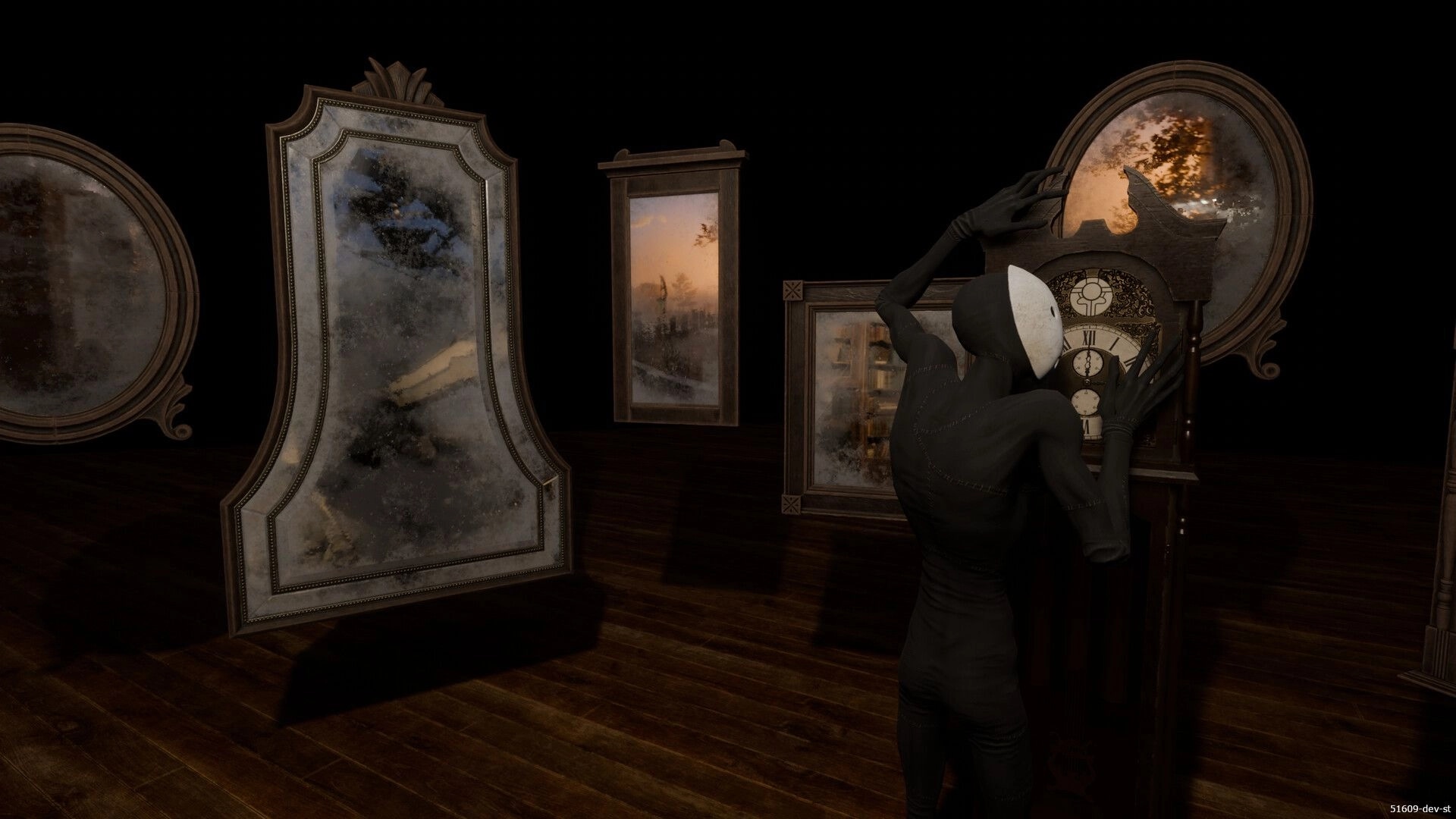 Pathologic 3: Faceless figure interacting with antique clock in a dimly lit room filled with mirrors