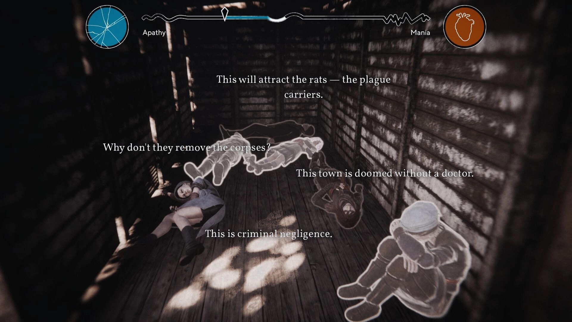 Pathologic 3: Doctor observes corpses in a dim wooden room with apathy and mania gauges displayed.