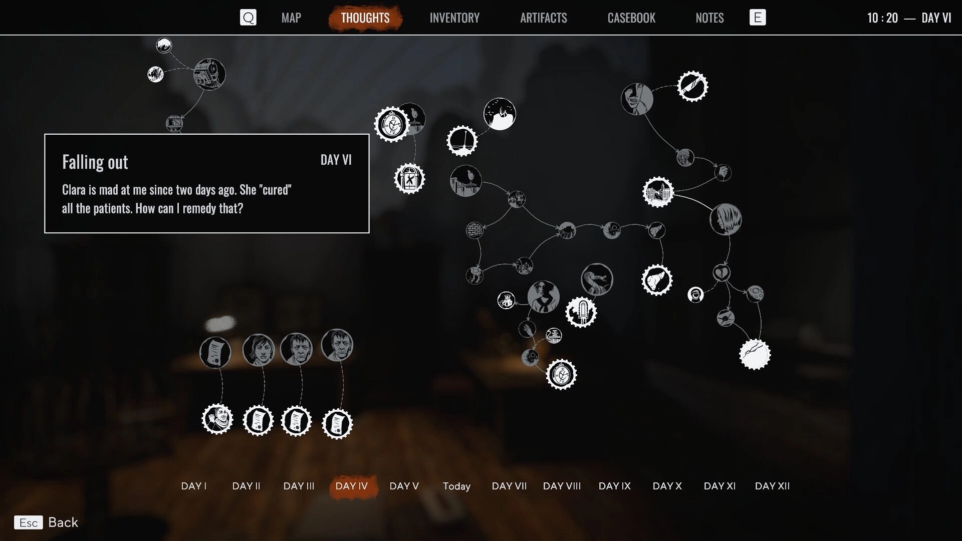 Pathologic 3: Thought map interface with Clara conflict on Day VI in a dimly lit room setting