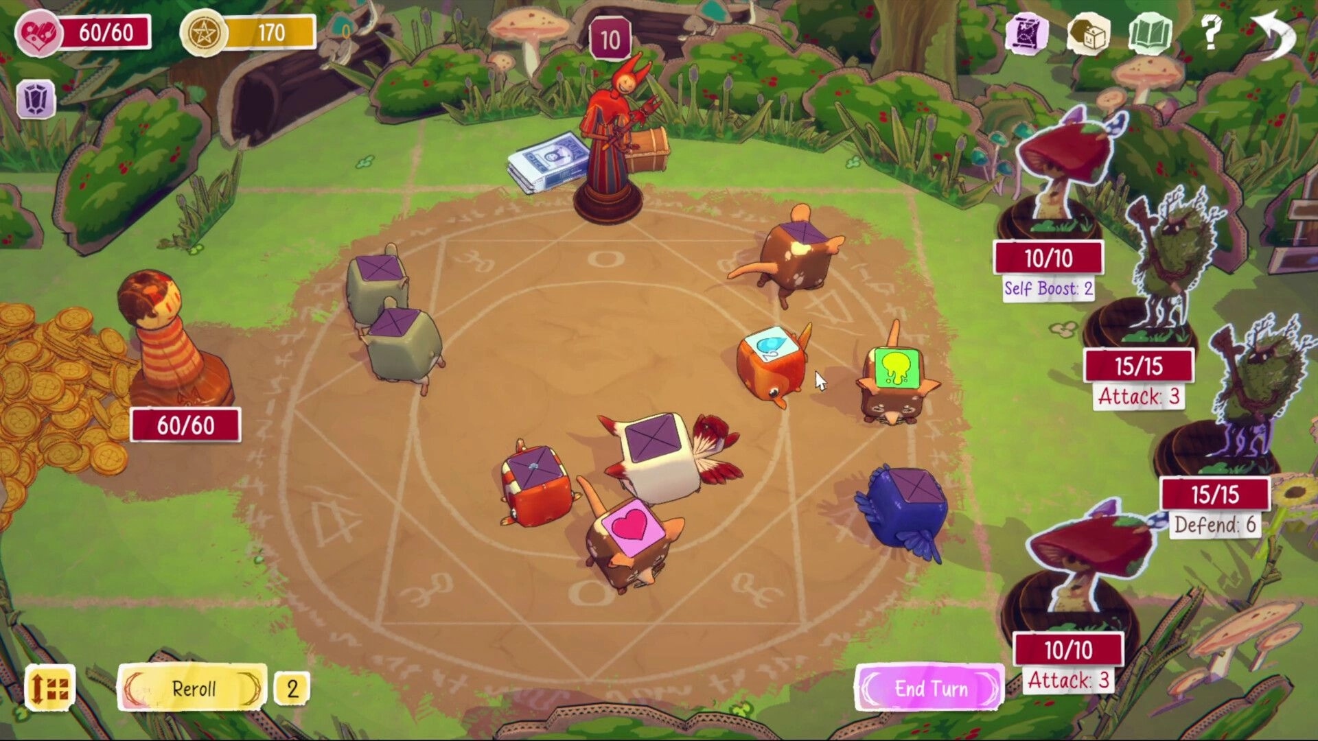 Pawful Dice: Animal dice battle on a circular field against mushroom and hedgehog enemies in a garden.