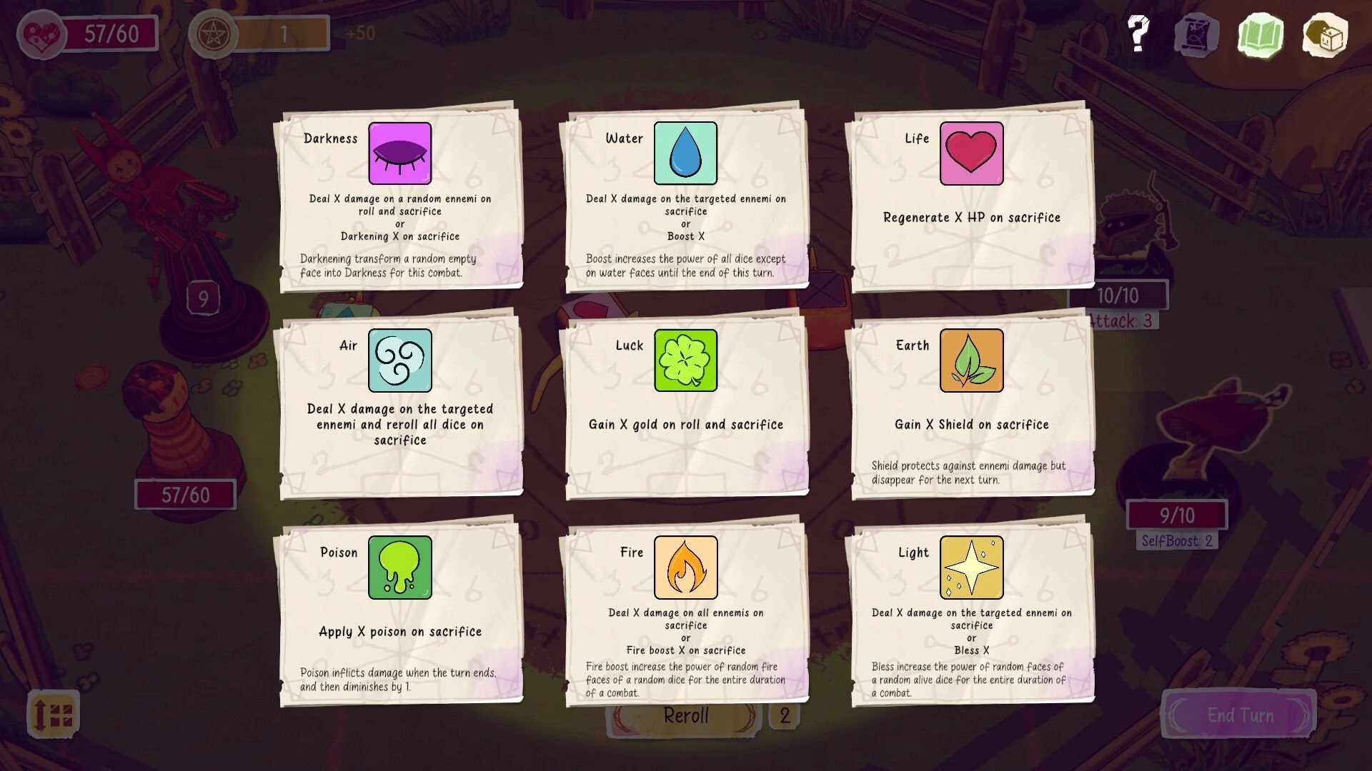 Pawful Dice: Inventory menu showing dice powers like Darkness, Water, and Life in a garden setting.