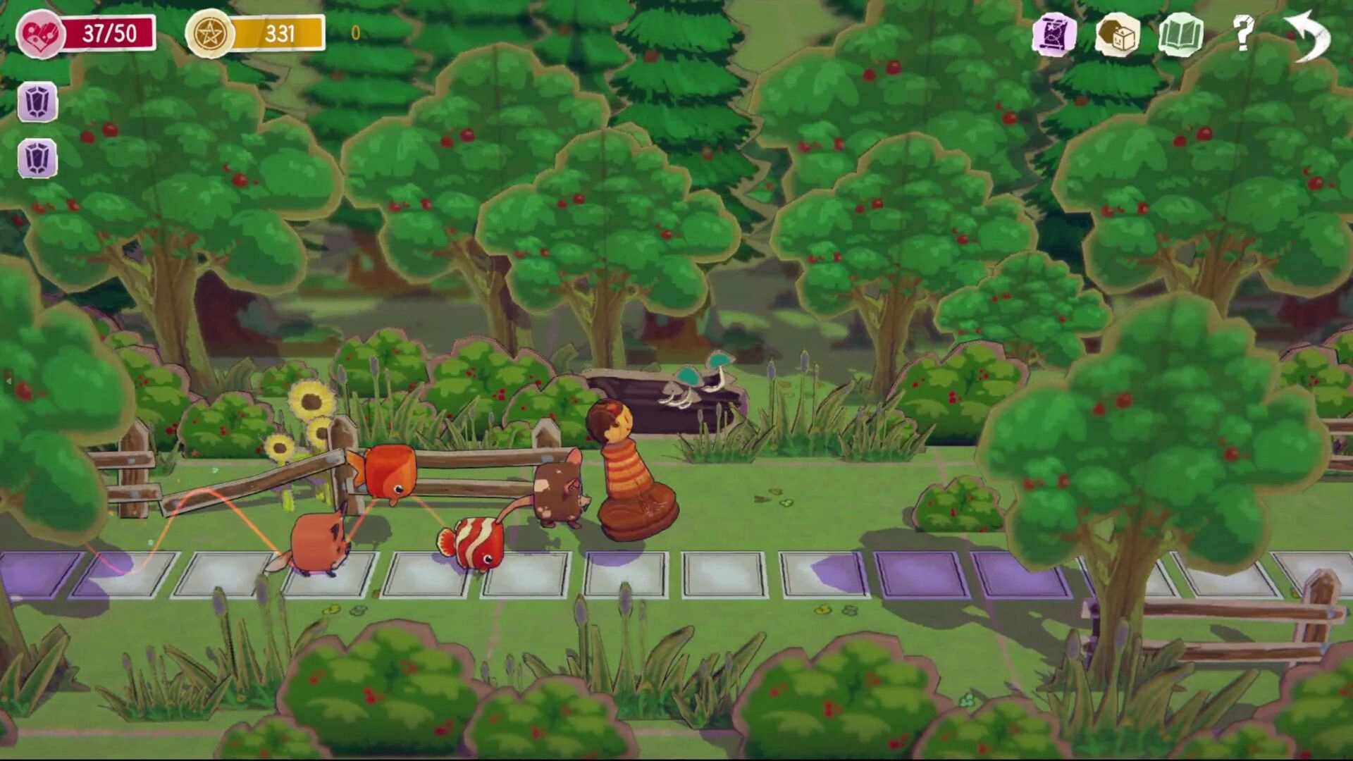 Pawful Dice: Animal characters on a forest path with health and coin counters in top-left corner.