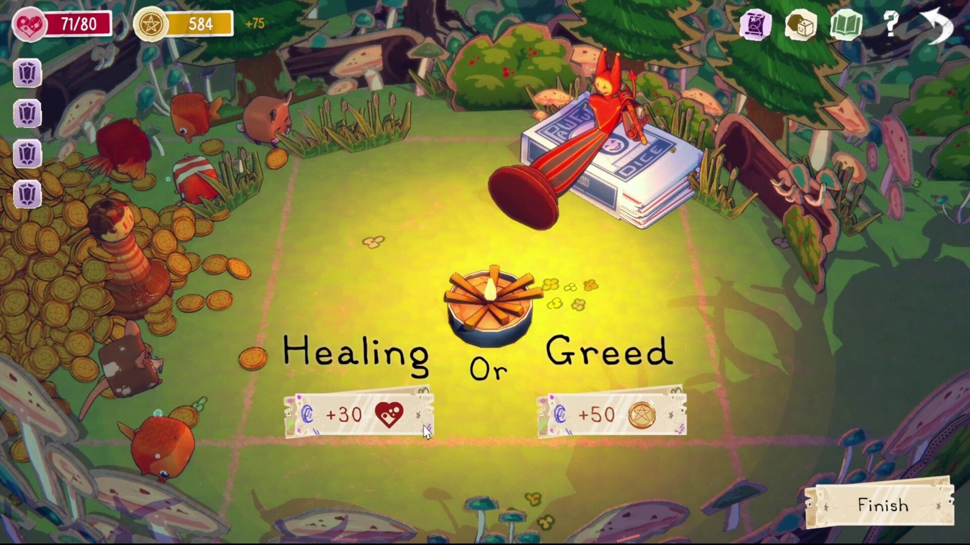 Pawful Dice: Choose between healing or greed with coins and animals in a forest clearing setting.