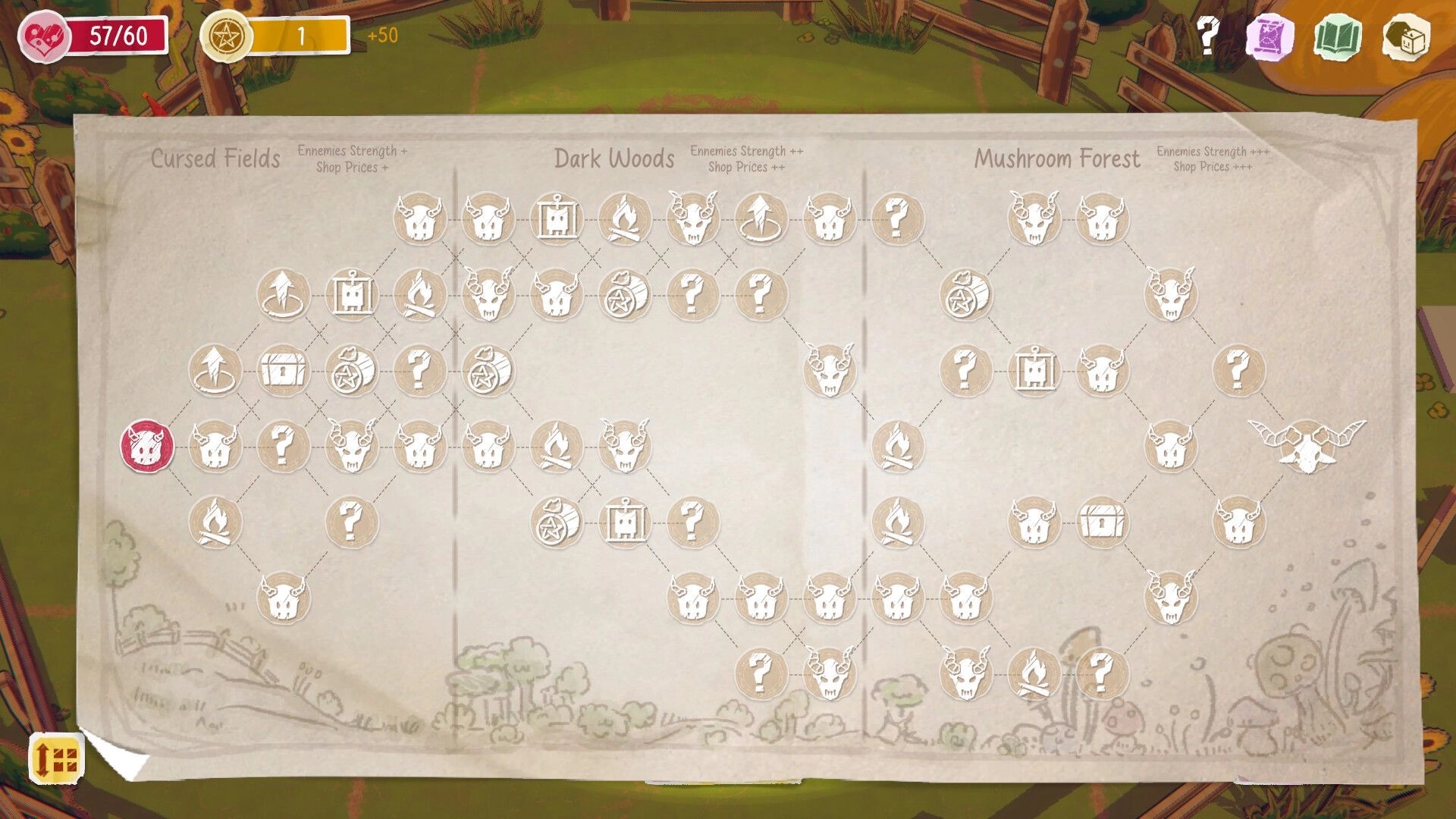 Pawful Dice: Level progression map showing paths through Cursed Fields, Dark Woods, and Mushroom Forest.