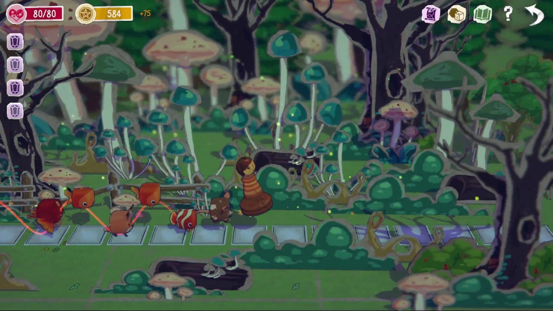 Pawful Dice: Animal characters traverse a mystical forest path with oversized mushrooms and lush greenery.