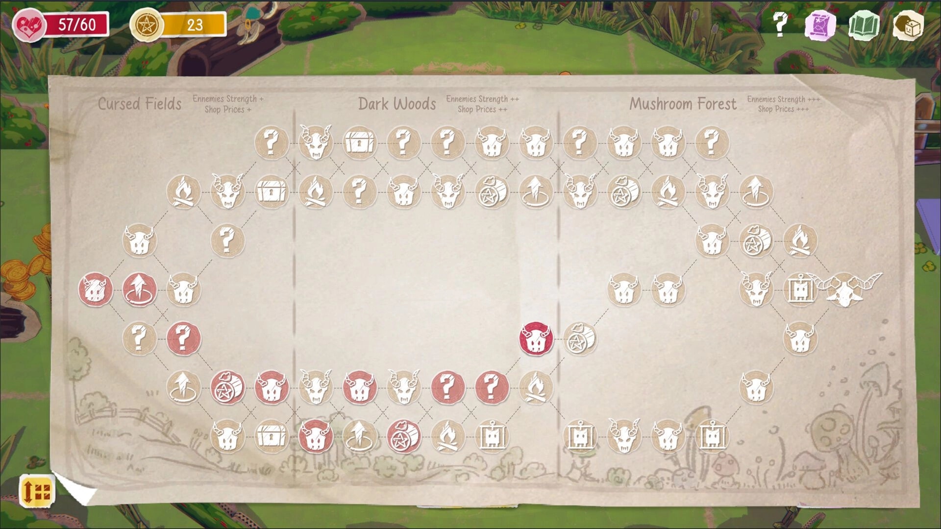 Pawful Dice: Progression map with different paths in Cursed Fields, Dark Woods, Mushroom Forest